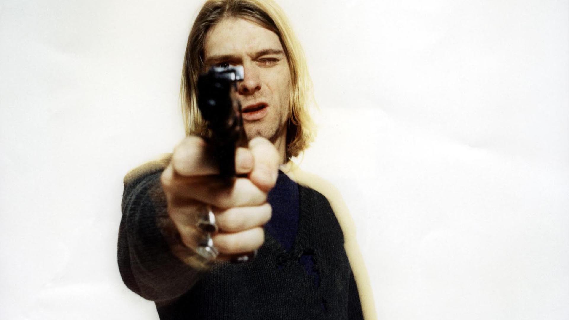 People 1920x1080 Kurt Cobain musician gun men singer celebrity at gunpoint aiming weapon men indoors studio simple background white background looking at viewer deceased
