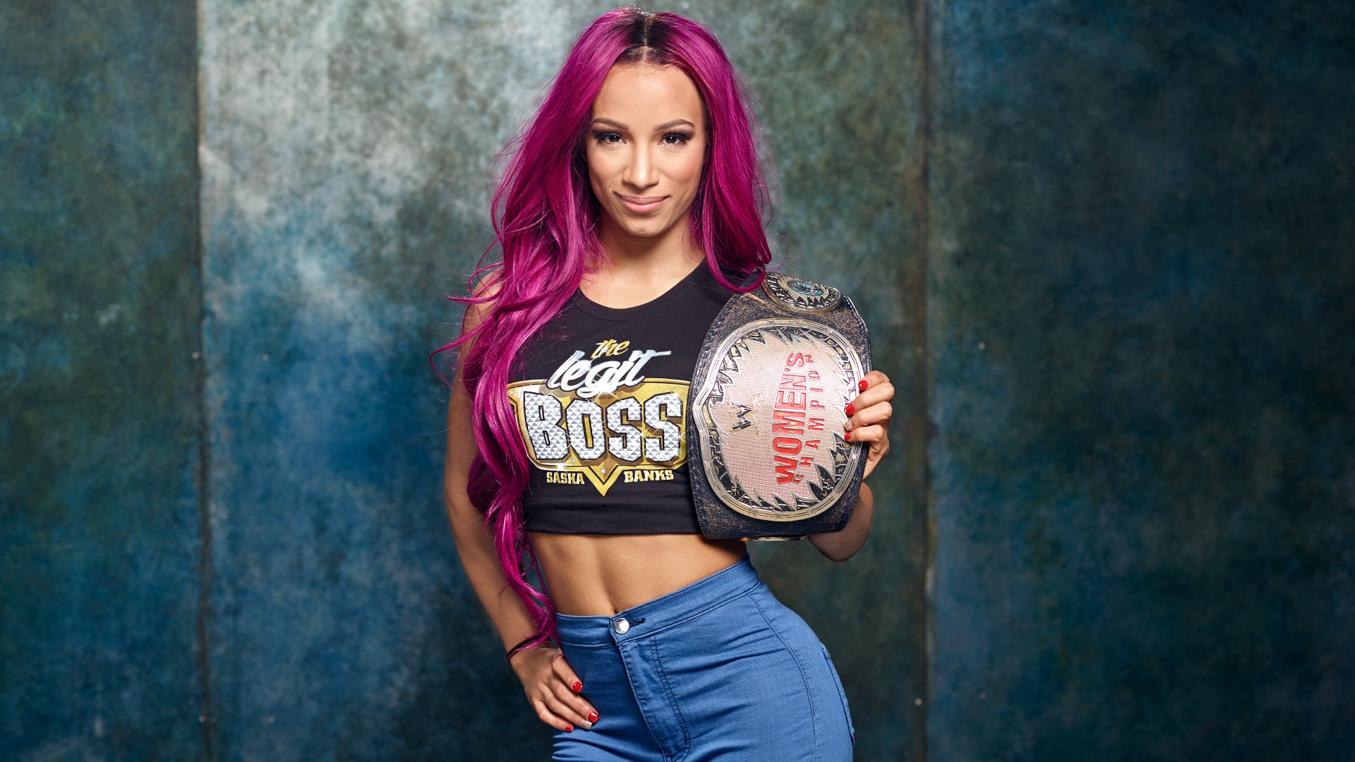 People 1920x1080 WWE wrestling Sasha Banks dyed hair purple hair bare midriff red nails painted nails smiling looking at viewer women indoors indoors standing sport women