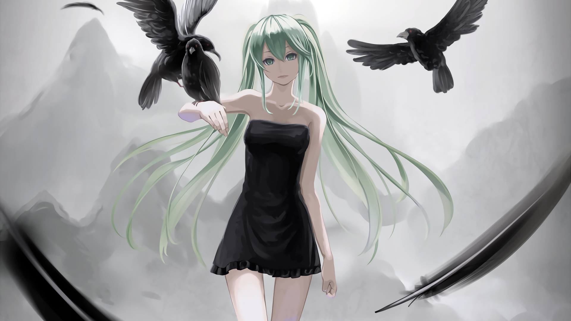 Anime 1920x1080 manga Hatsune Miku Vocaloid anime girls anime birds wings animals green hair long hair black clothing standing feathers looking at viewer
