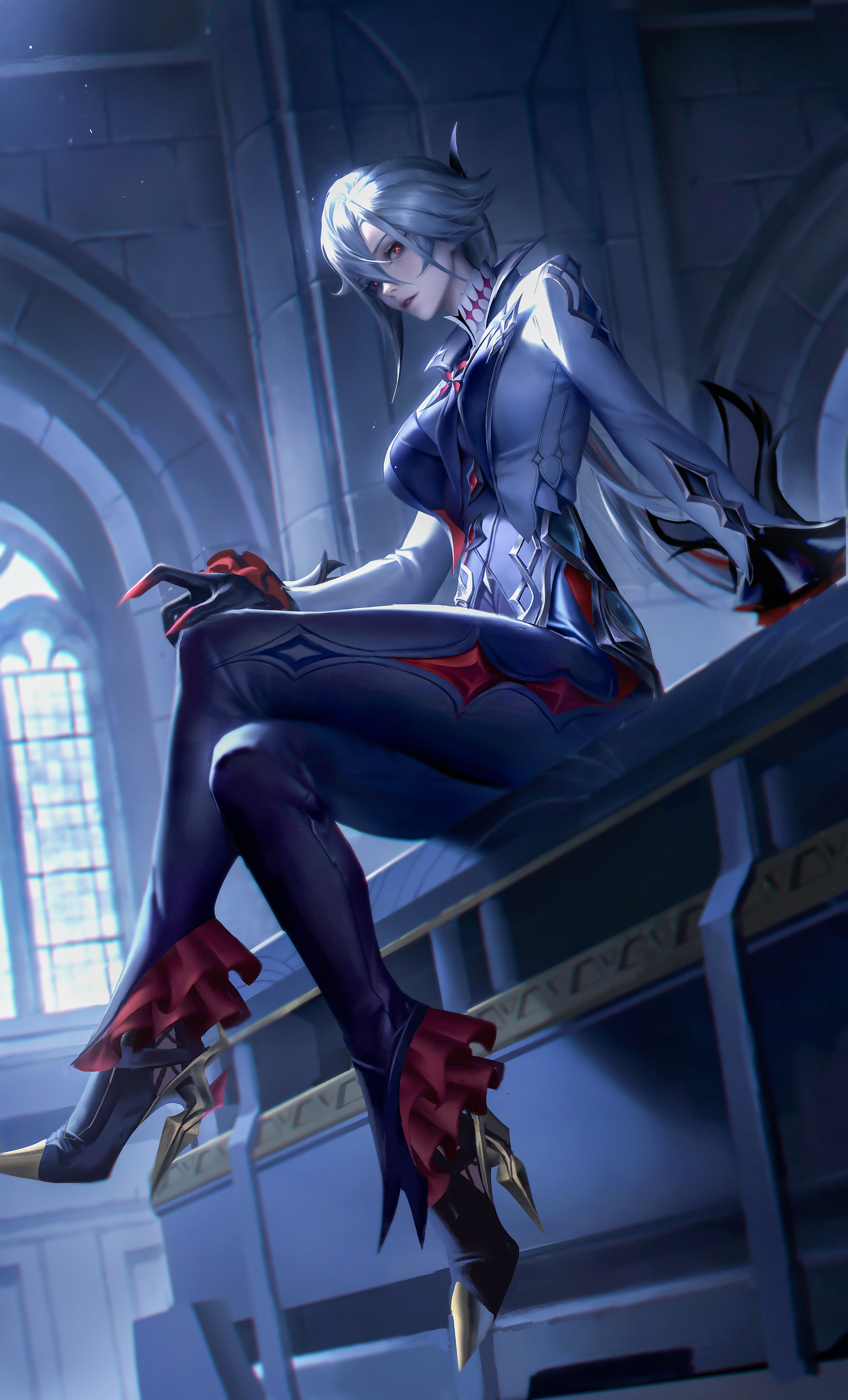 Anime 3601x5948 anime anime girls Arlecchino (Genshin Impact) Mr Xior Genshin Impact portrait display sitting long hair hair between eyes high heels legs crossed women indoors moonlight parted lips white hair symbol-shaped pupils long sleeves gloves looking at viewer frills