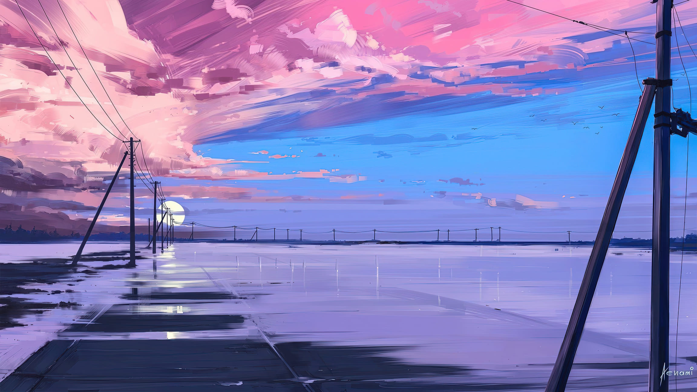 General 2304x1296 digital art painting drawing sunset water parking lot Aenami