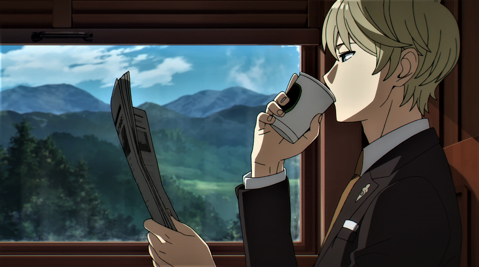 Anime 1920x1072 Spy x Family Loid Forger coffee blonde trees mountains reading newspapers suit and tie tie drinking sky anime Anime screenshot anime boys clouds