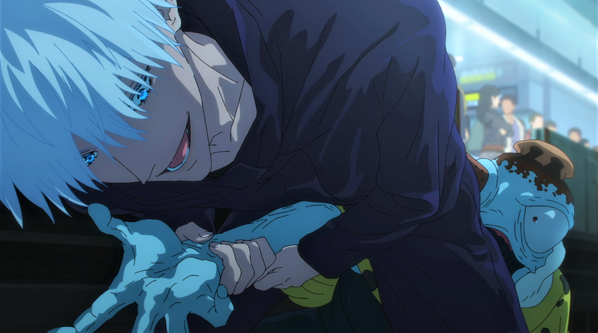 Anime 1920x1069 Jujutsu Kaisen Satoru Gojo hands smiling white hair blue eyes demon uniform anime Anime screenshot anime boys