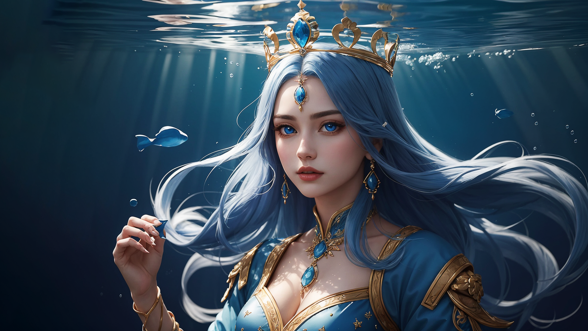 General 1920x1080 AI art women CGI blue hair underwater blue digital art water long hair blue eyes looking at viewer earring crown sunlight cleavage Asian