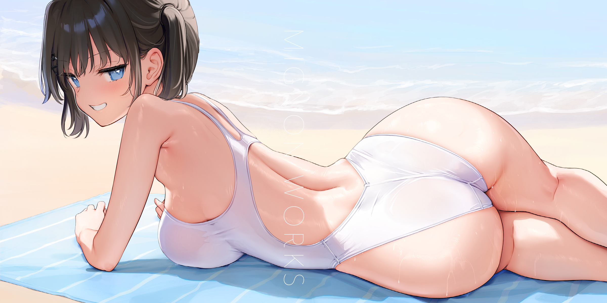 Anime 2400x1200 Oshiego (Mignon) back anime girls lying down lying on side beach looking back smiling huge breasts sideboob ass women on beach towel women outdoors beach towel blue eyes black hair swimwear one-piece swimsuit wet white swimsuit blushing wet swimsuit twintails bare shoulders Mignon (artist) water drops watermarked thighs together wet body water hair ornament