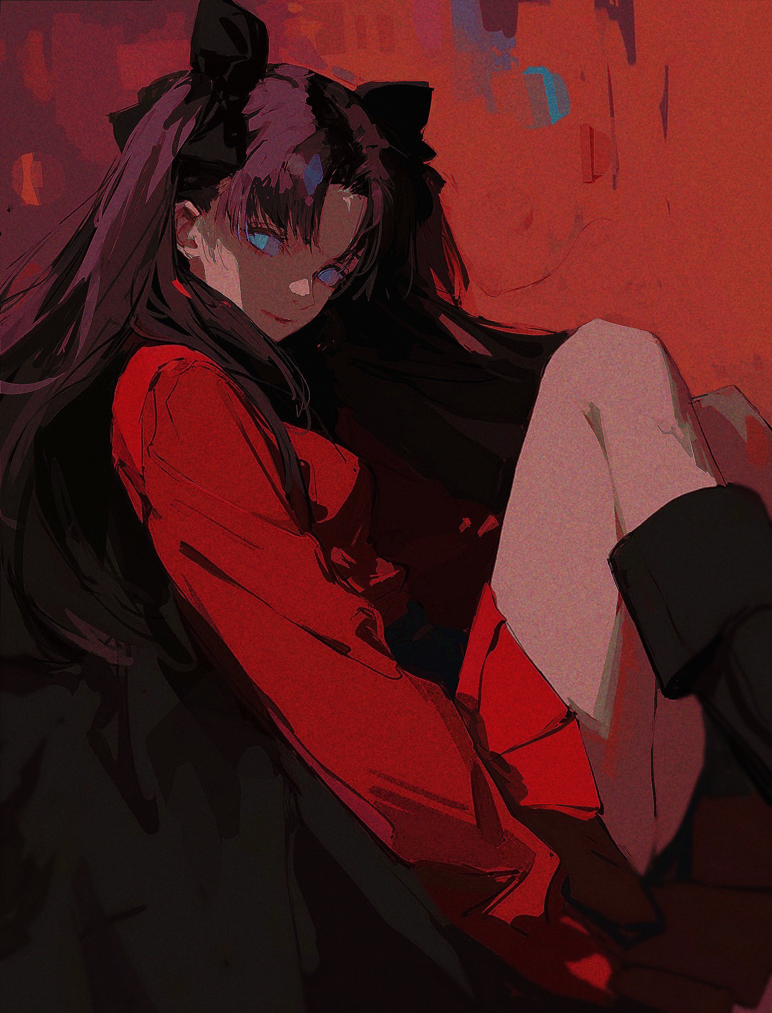 Anime 1581x2073 Tohsaka Rin Fate series Fate/Stay Night anime anime girls long hair looking at viewer boots blue eyes twintails simple background portrait display 96yottea