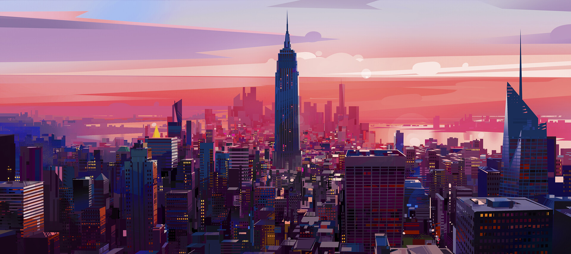 General 1920x856 artwork digital art city building Empire State Building skyscraper cityscape sky clouds sunset sunset glow