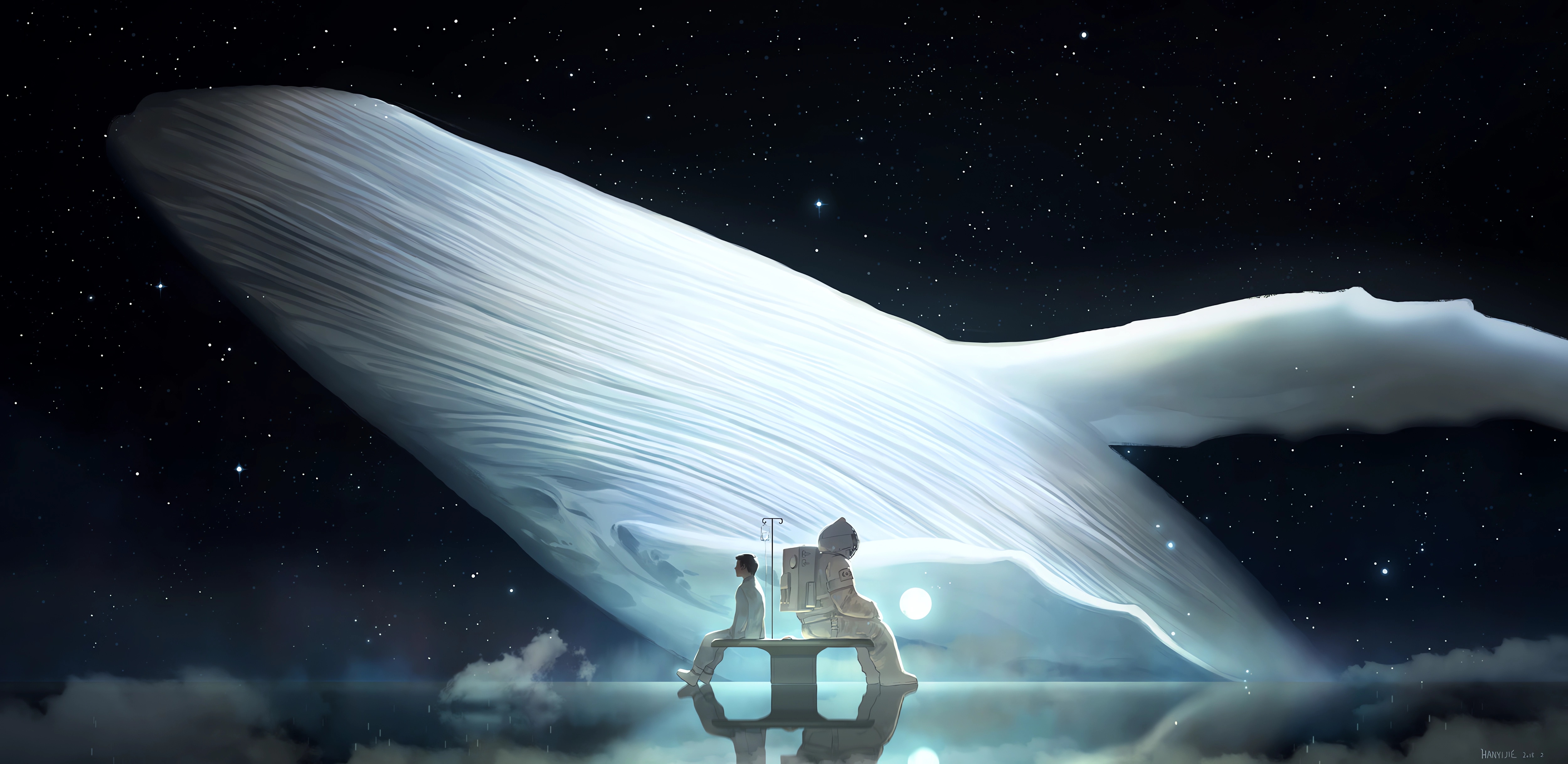 Anime 5000x2436 anime whale digital art spacesuit Sick Boy night sky stars astronaut sky space reflection sitting animals anime men