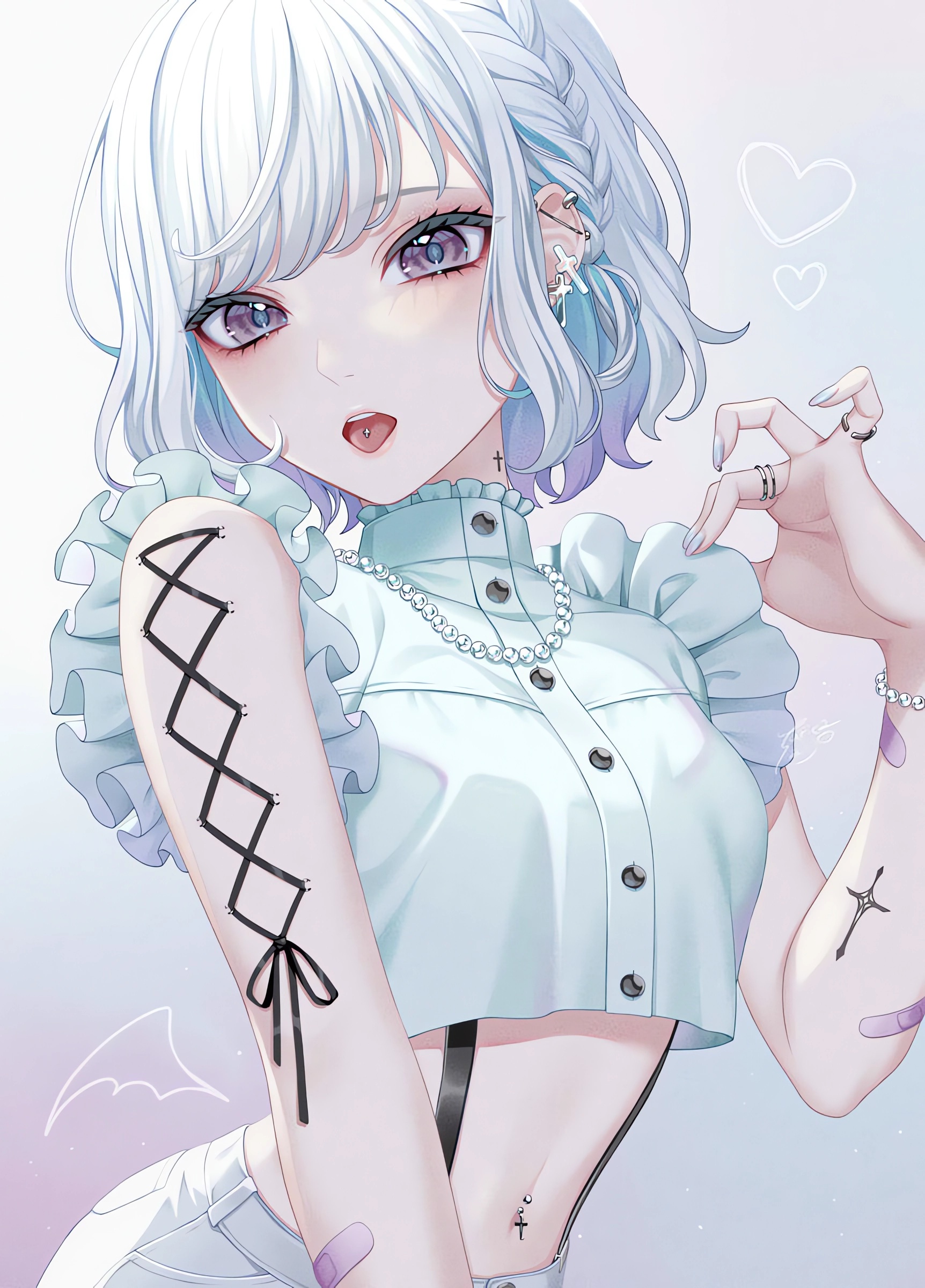 Anime 1724x2400 anime anime girls portrait display Band-Aid short hair open mouth looking at viewer braids tongue out pierced tongue earring ear piercing rings pierced navel simple background belly pearl necklace belly button pearl bracelet gradient heart (design) wings