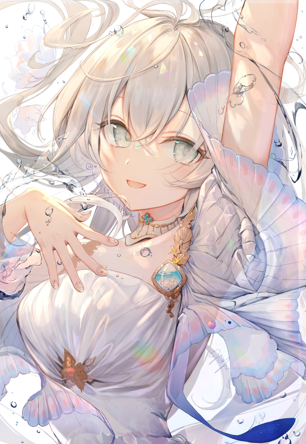 Anime 1000x1451 anime anime girls one arm up dress smiling portrait display looking at viewer water water drops long hair watermarked sunlight