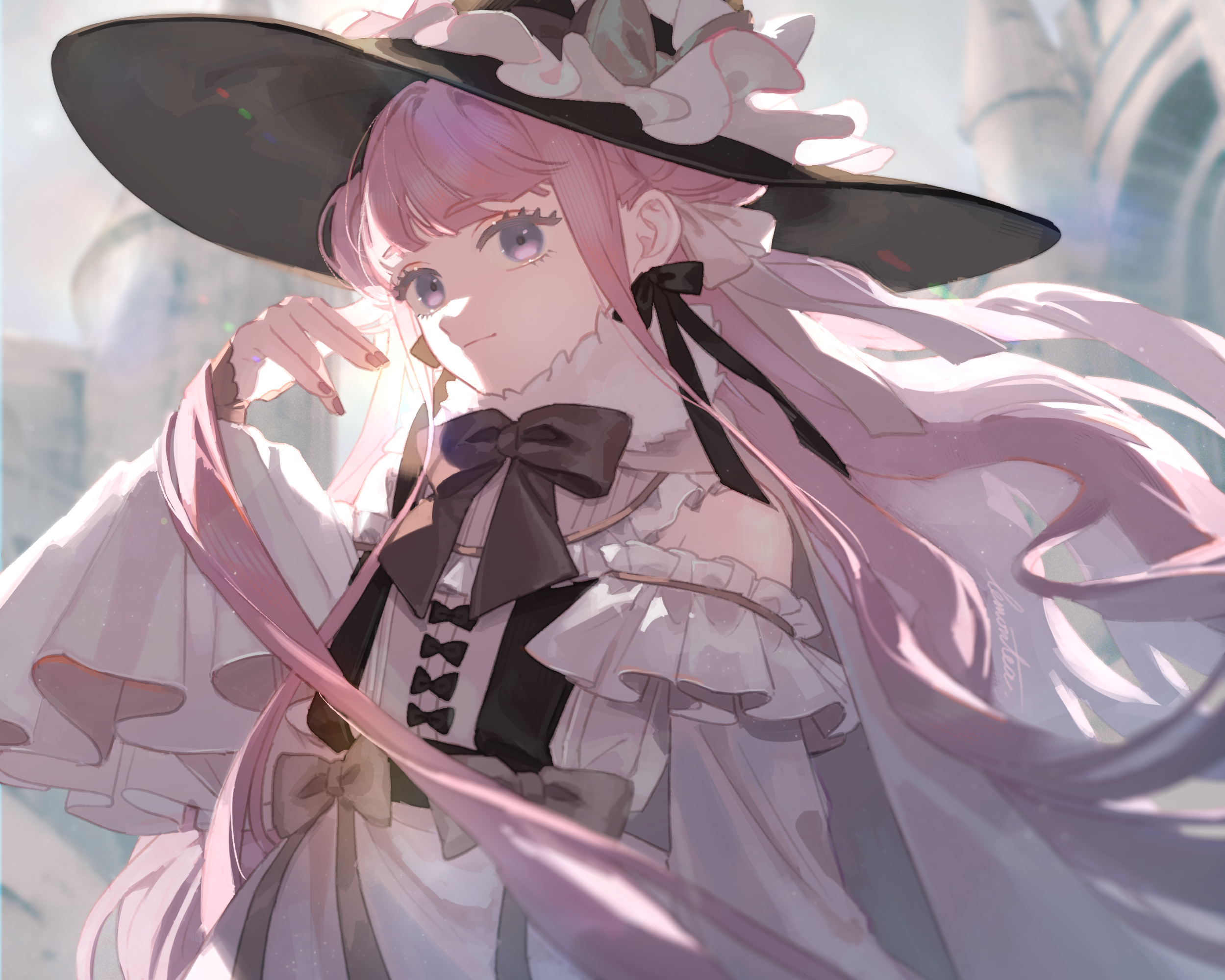 Anime 2499x2000 anime anime girls long hair witch hat pink hair bow tie dress looking at viewer hair blowing in the wind