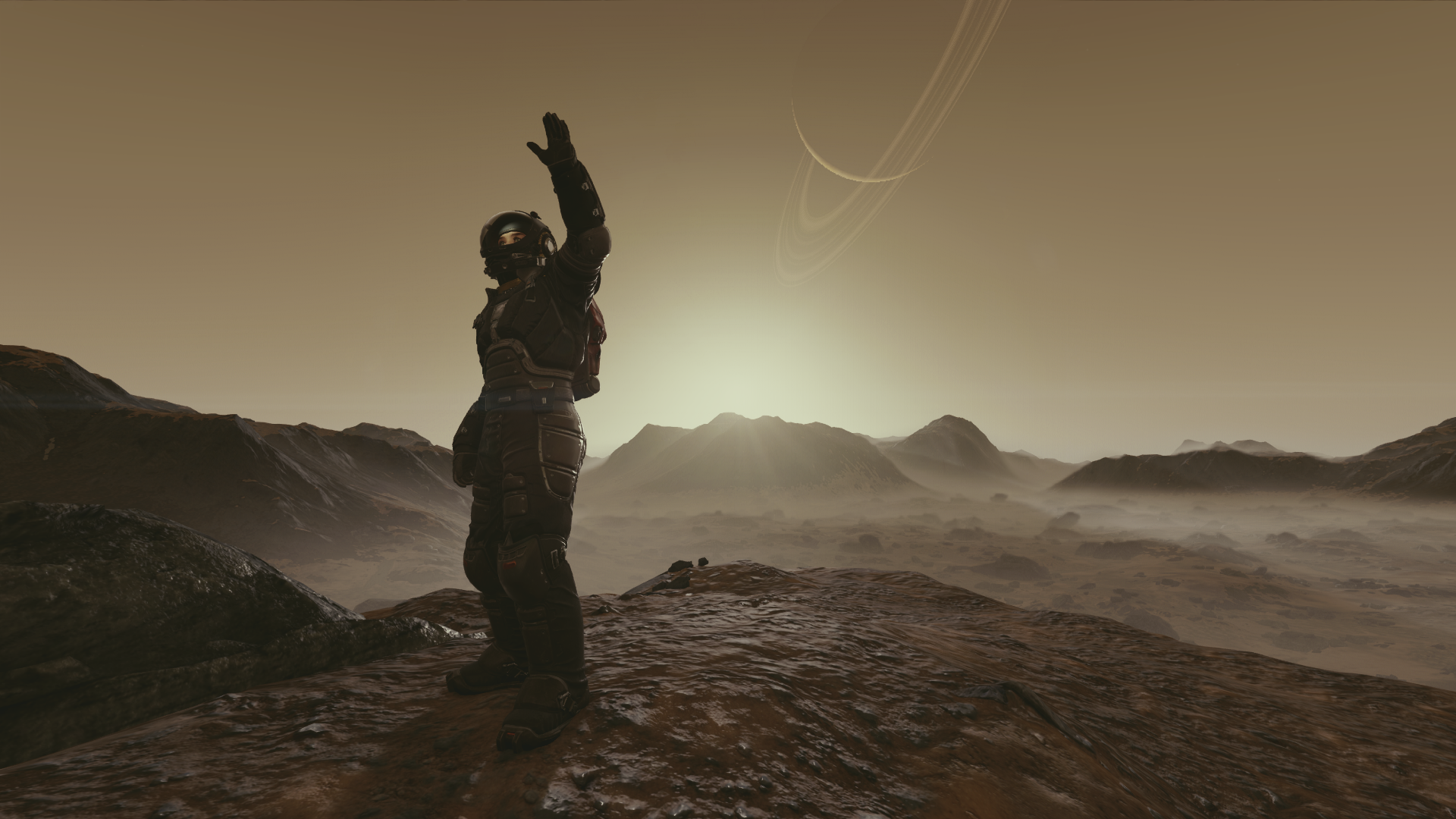 General 1920x1080 Starfield (video game) screen shot video game art CGI video game characters waving spacesuit video games standing mountains landscape sunlight