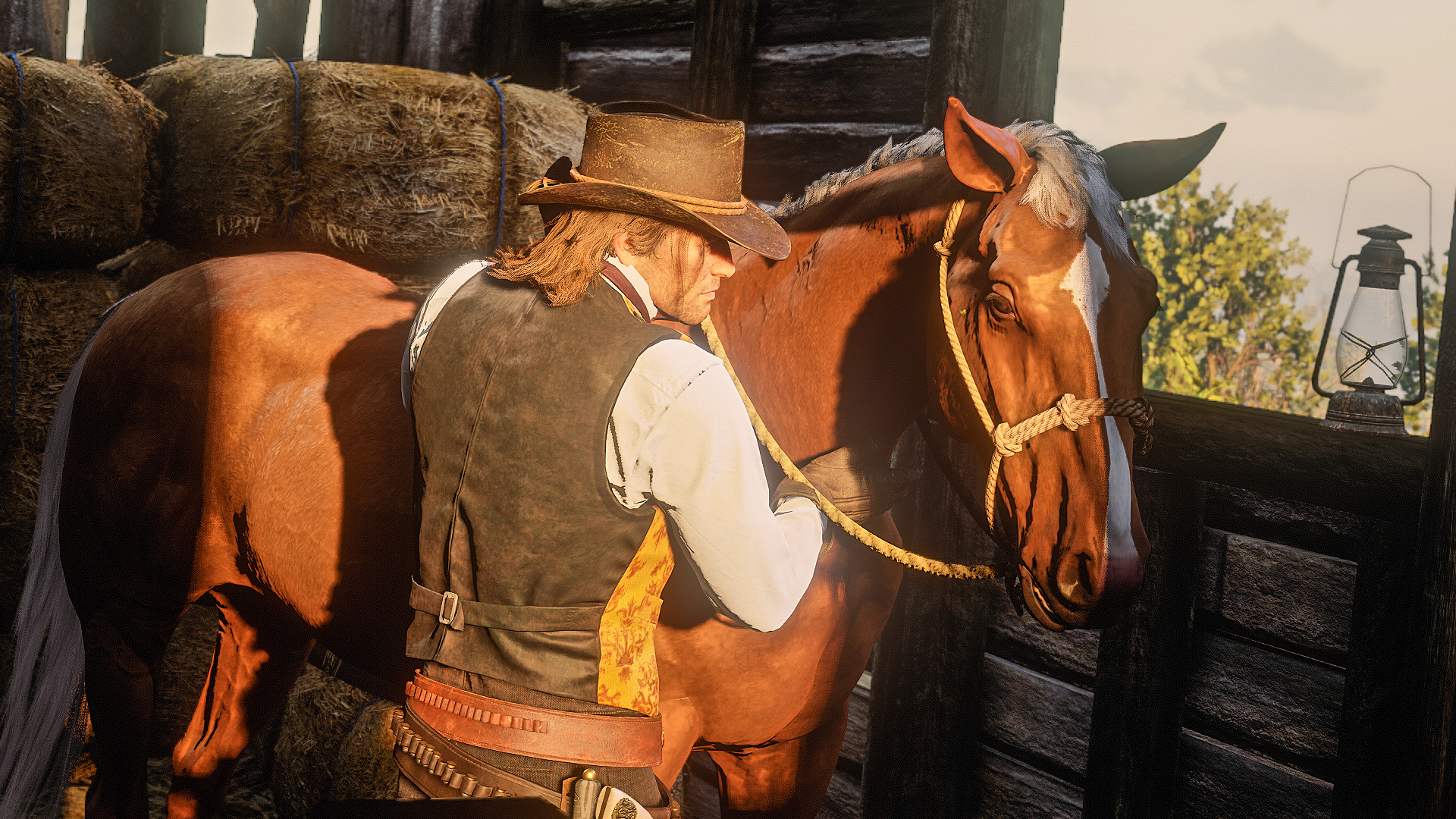 General 1920x1080 Red Dead Redemption 2 video game art video games sunlight hat video game characters Arthur Morgan animals horse riding horse farm depth of field CGI Rockstar Games horse cowboy hats lamp
