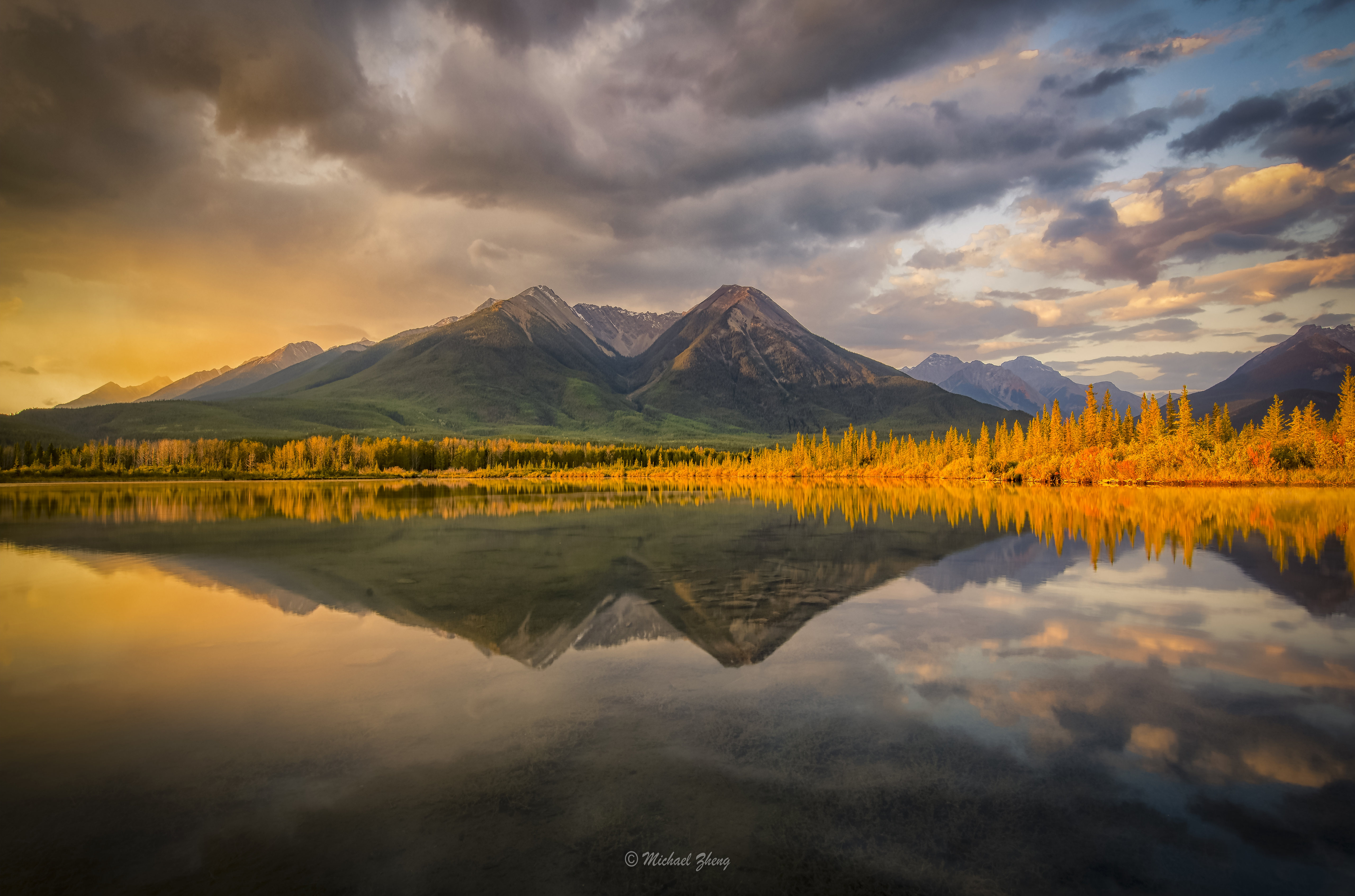 General 5120x3386 Vermillion Lake sunrise landscape reflection mountain view water sunlight clouds sky mountains nature watermarked photography
