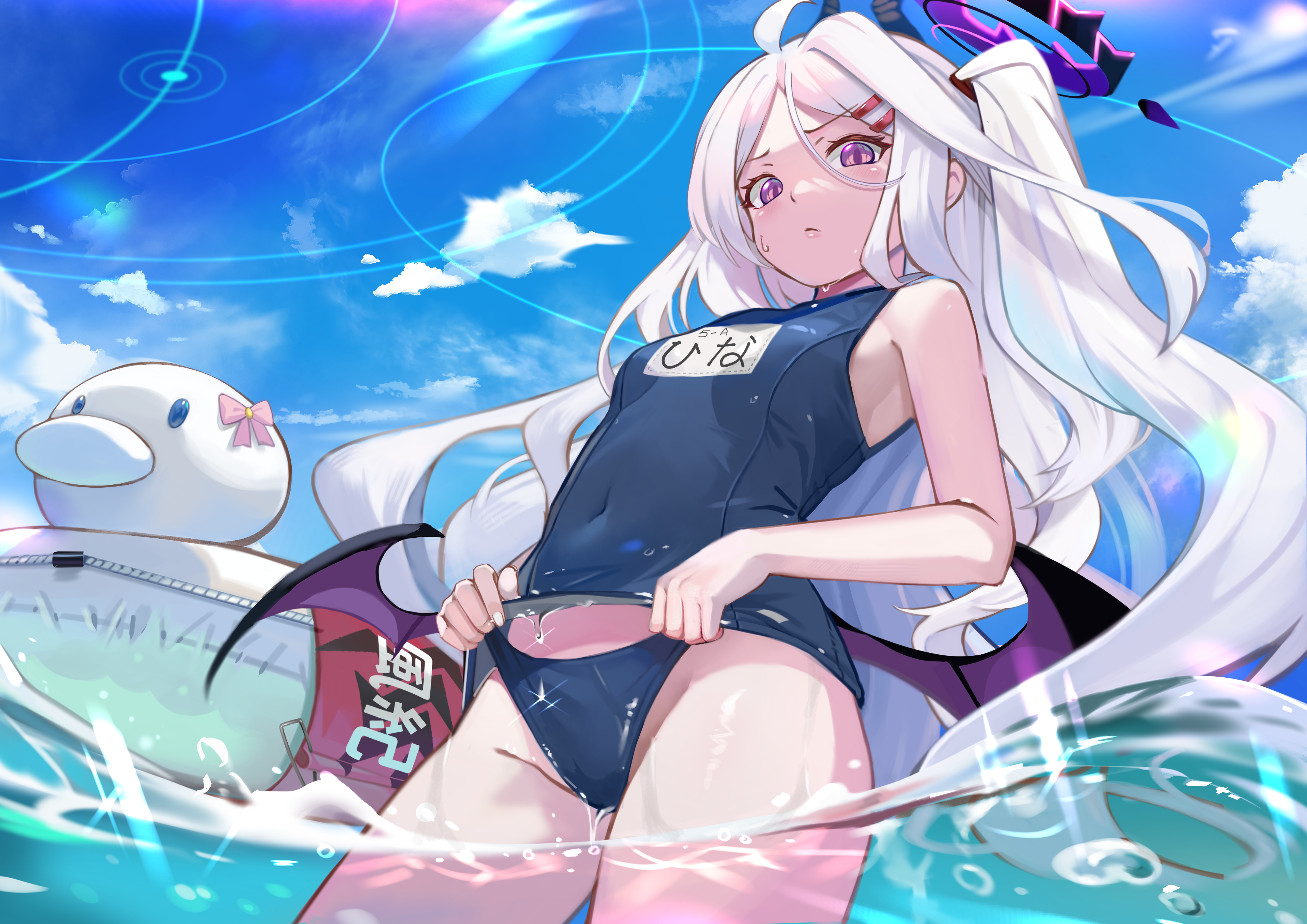 Anime 3508x2480 anime girl with wings swimwear school swimsuits Sorasaki Hina (Blue Archive) clouds purple eyes white hair sky wet wet body long hair looking at viewer water standing in water sunlight Blue Archive anime girls wings small boobs