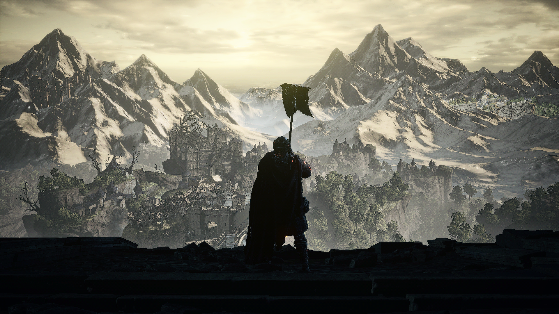 General 1920x1080 Dark Souls III Dark Souls From Software standing video game characters CGI video game art armor video games mountains snow landscape trees sky clouds digital art screen shot
