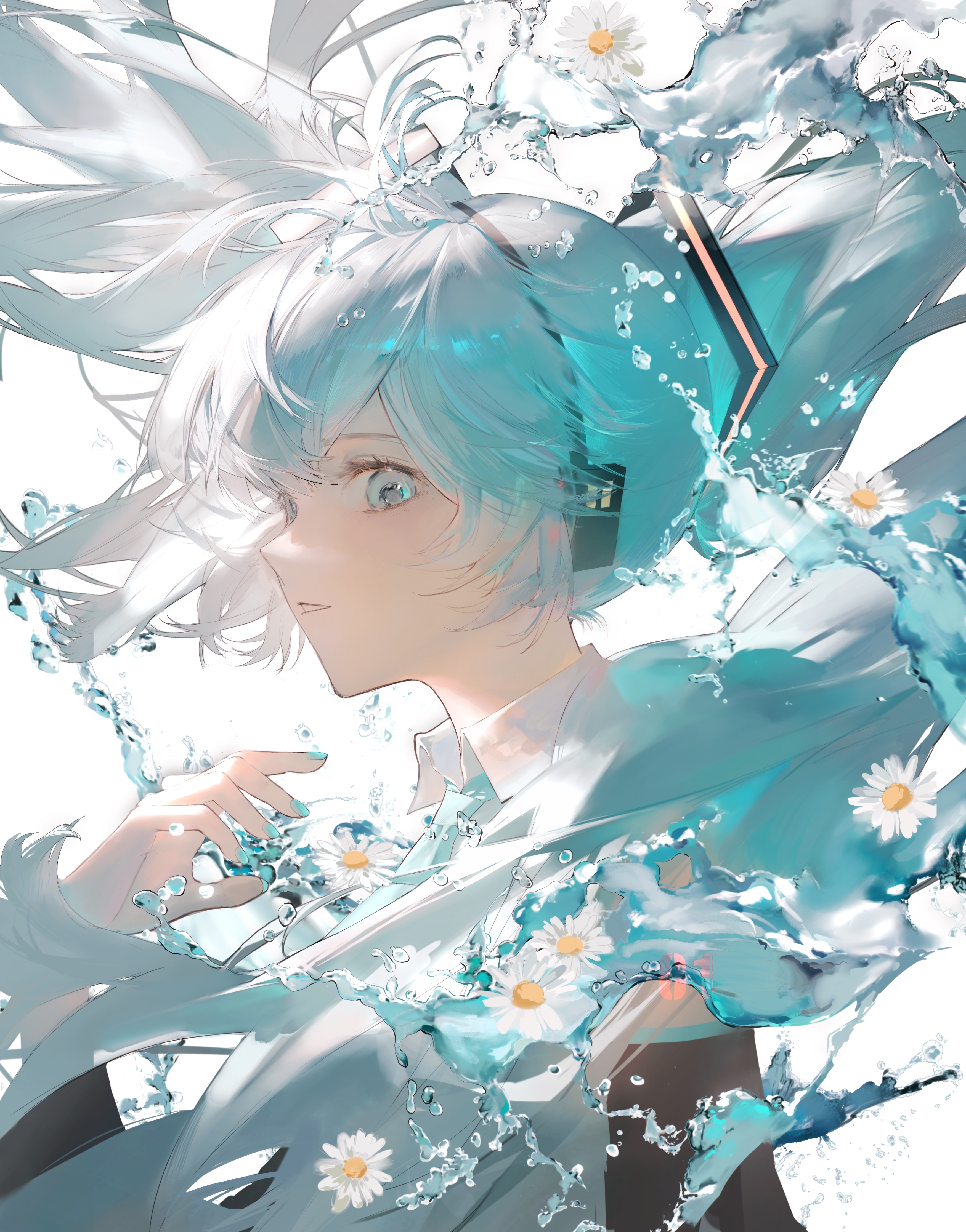 Anime 3500x4466 anime anime girls portrait display Vocaloid blue hair blue eyes water looking at viewer long hair twintails flowers Hatsune Miku
