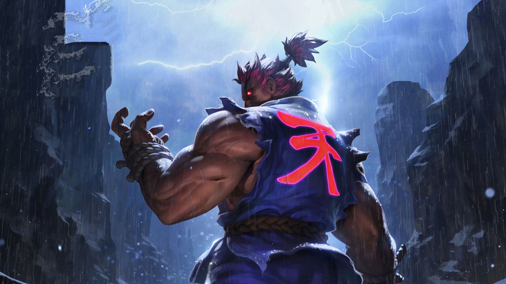 General 1920x1080 Street Fighter Akuma rocks lightning video game characters video games fighting muscles glowing eyes standing rain sky