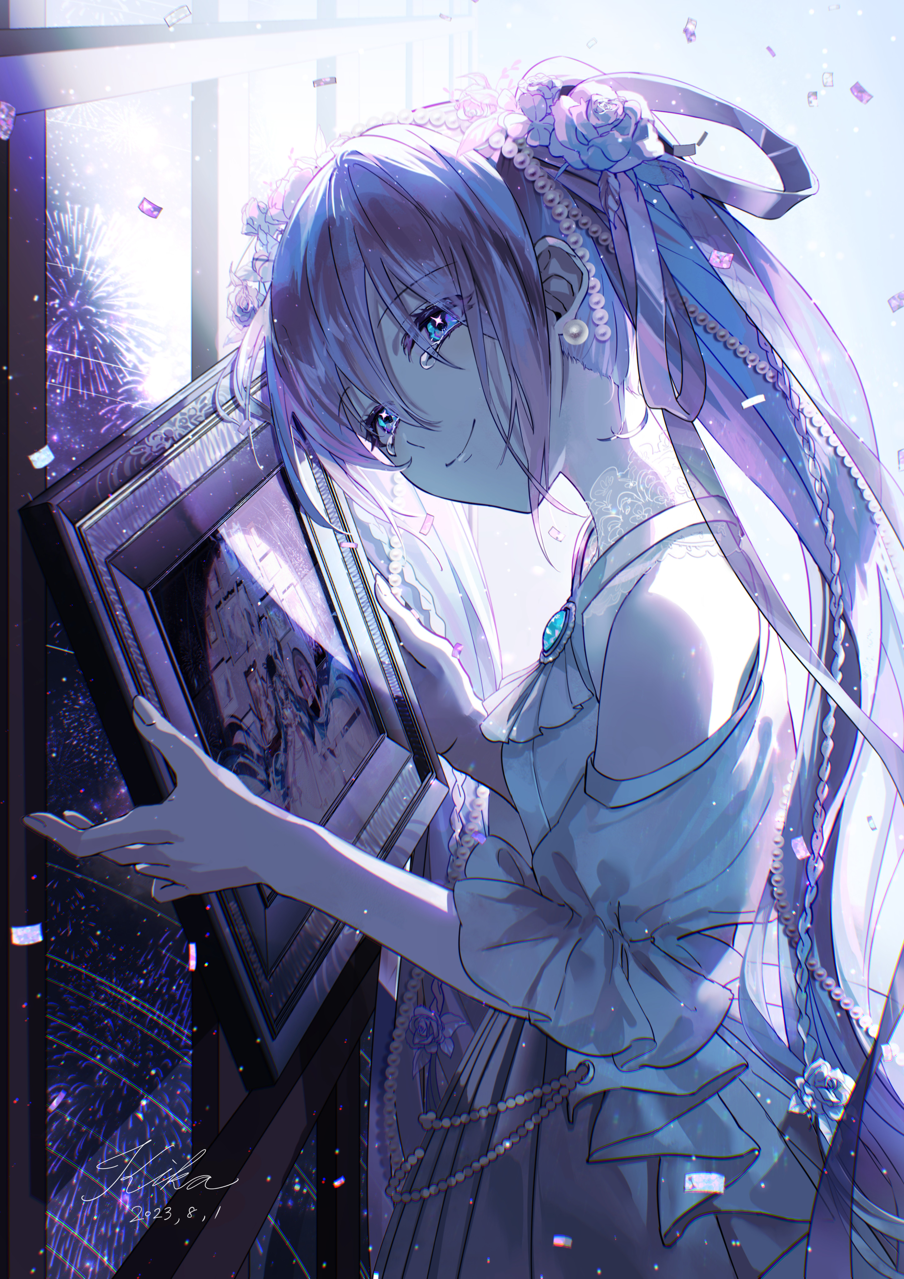 Anime 2894x4093 anime anime girls portrait display smiling tears looking at viewer star eyes signature long hair dress picture frames fireworks flower in hair blue eyes