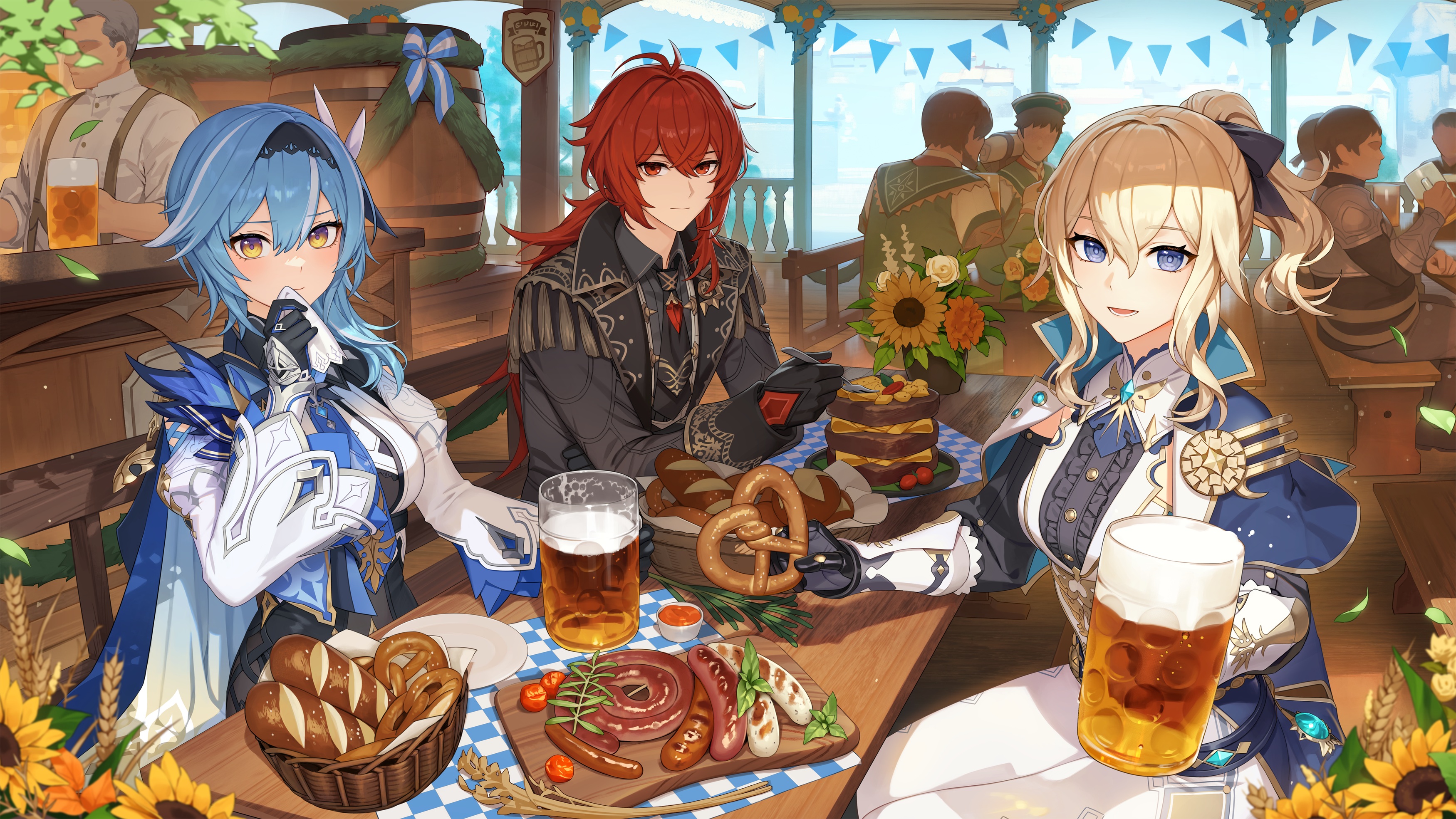 Anime 3500x1969 Genshin Impact food anime girls anime boys Eula (Genshin Impact) Diluc (Genshin Impact) Jean (Genshin Impact) group of people bread sausage looking at viewer alcohol beer sitting flowers hair ornament eating sunflowers smiling table