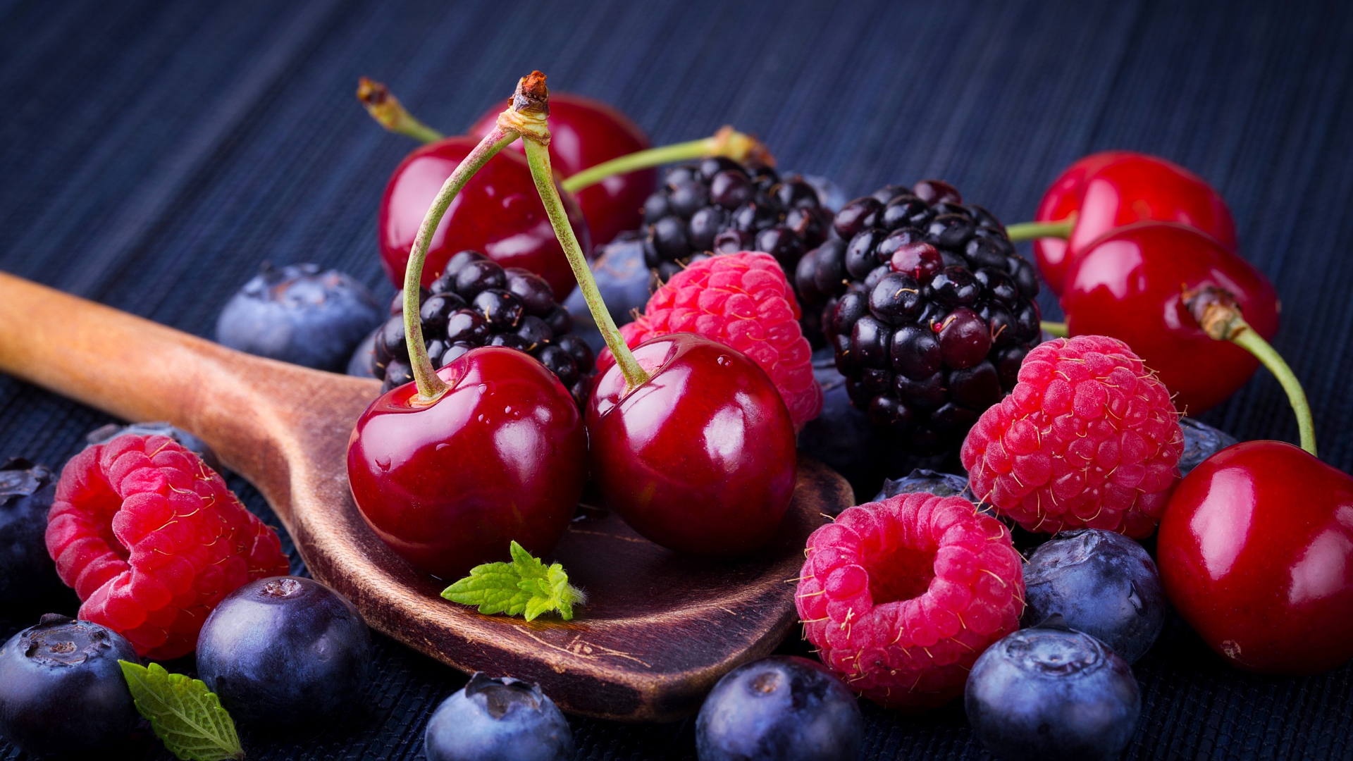 General 1920x1080 colorful photography fruit food still life wooden spoon blueberries cherries blackberries raspberries closeup
