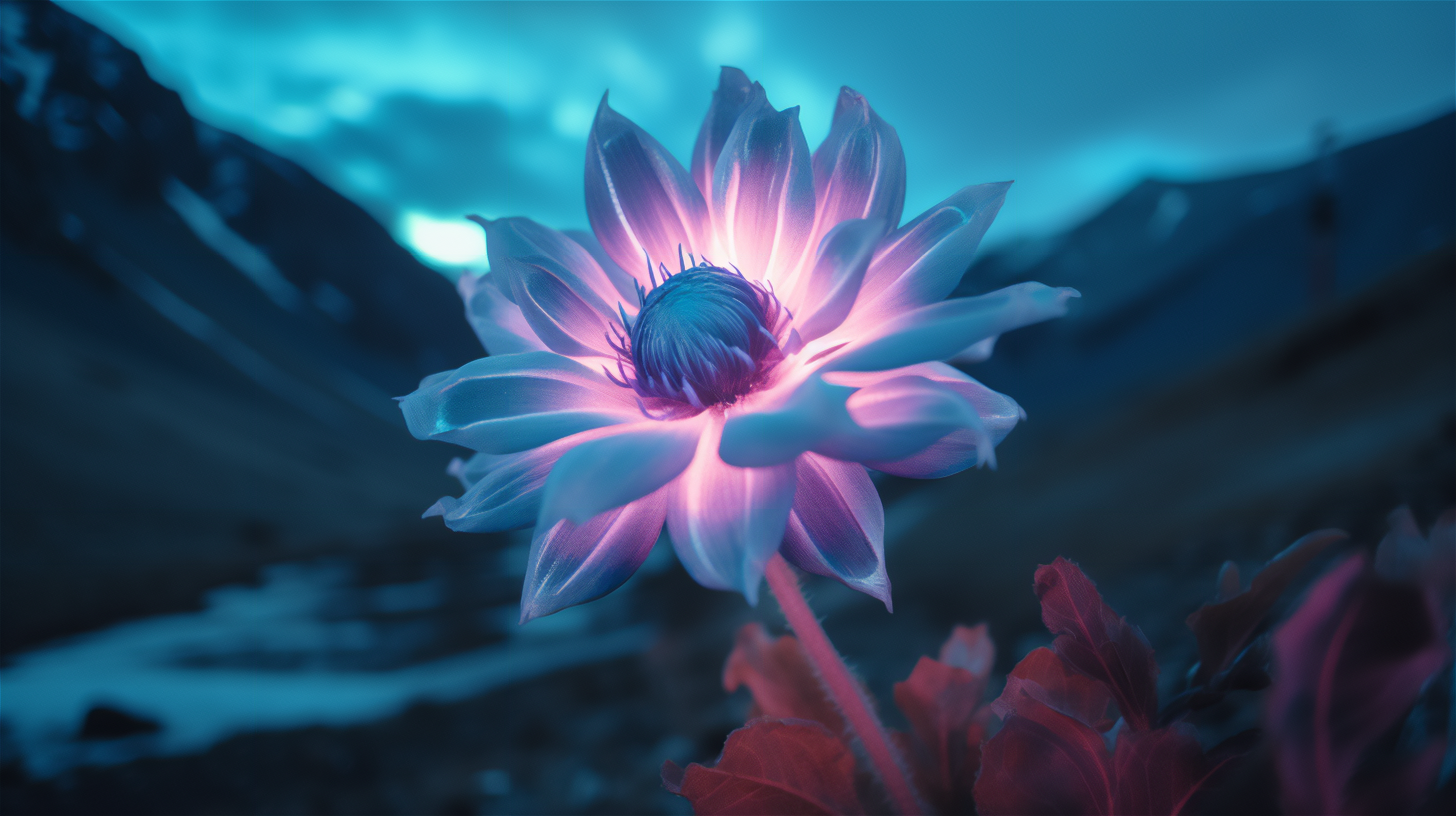 General 2912x1632 AI art bioluminescence flowers mountains nature leaves petals