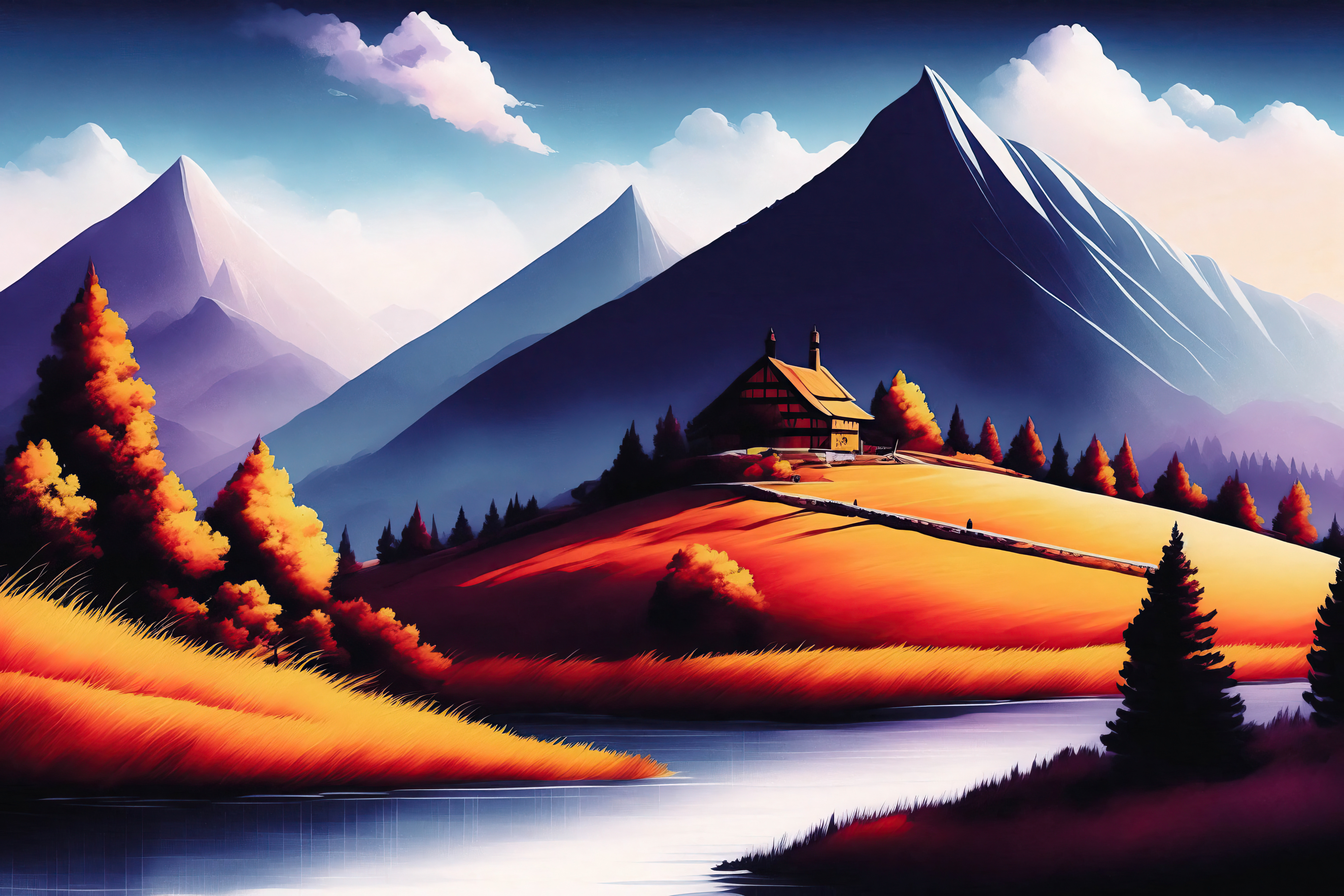 General 3686x2458 mountains building AI art water clouds trees nature