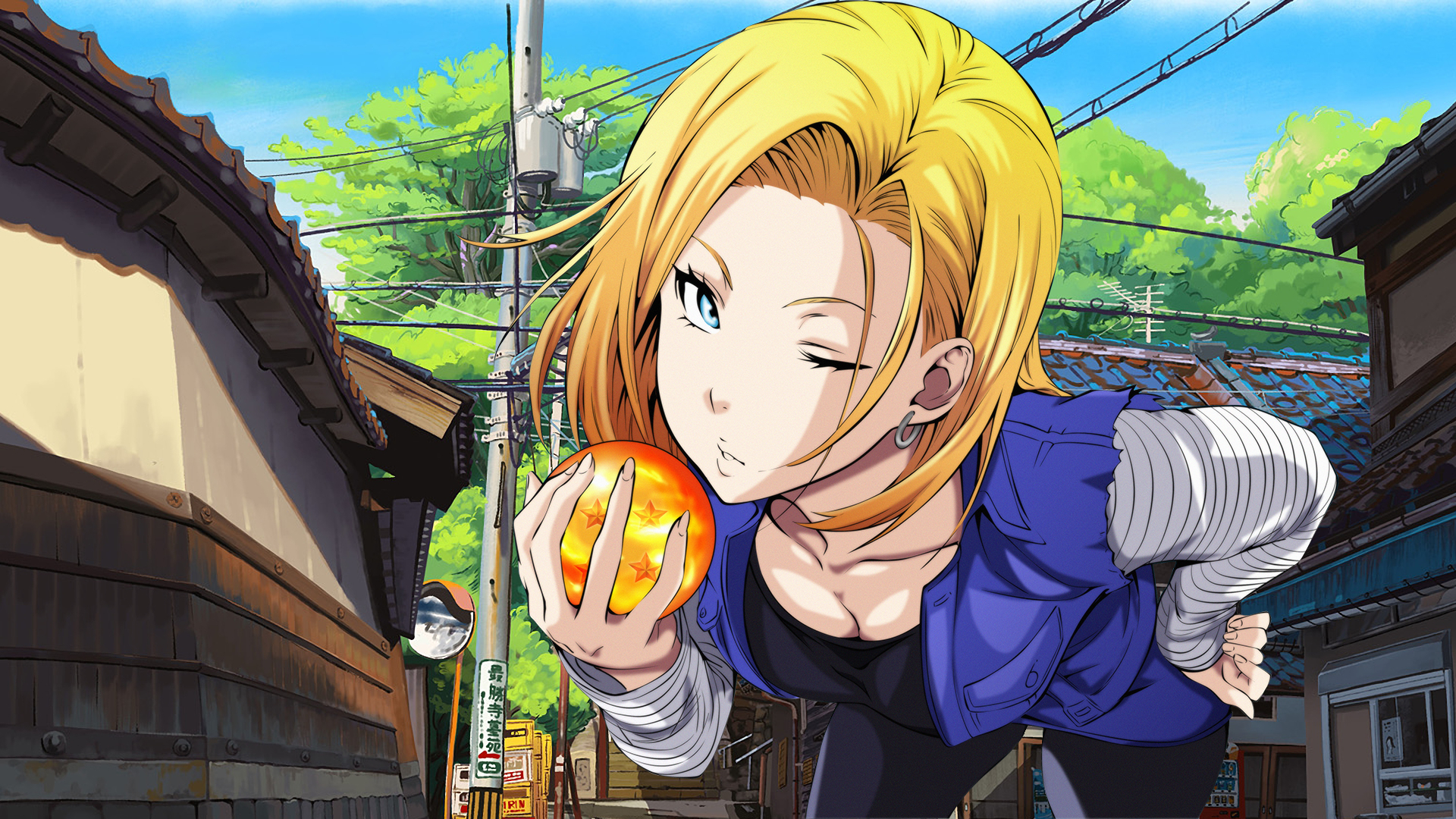 Anime 1920x1080 anime girls Dragon Ball Android 18 blonde bent over cleavage one eye closed wires looking at viewer Dragon Ball Z Dragon Ball Super