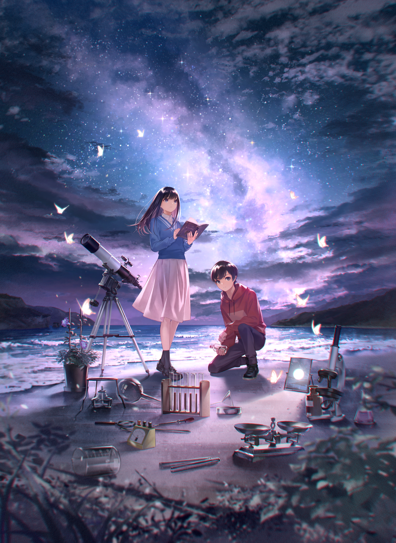 Anime 1313x1800 Sawasawa portrait display anime girls anime boys couple beach water waves starry night stars looking up sky butterfly bug blurry background night telescope short hair long hair outdoors looking at viewer clouds flask depth of field galaxy Milky Way mountains horizon