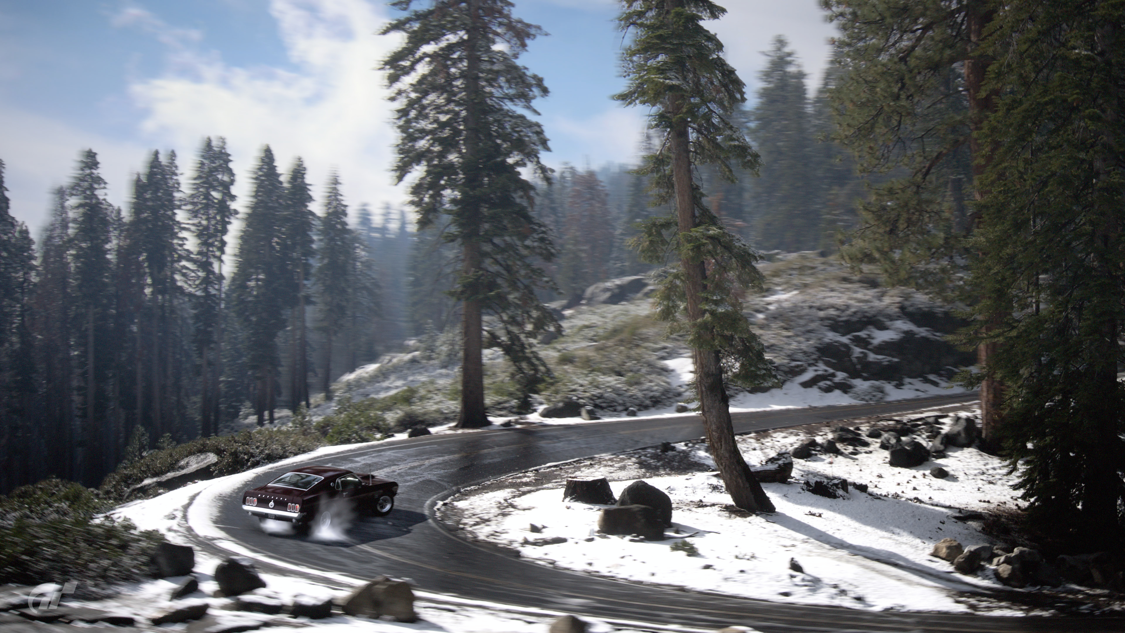 General 3840x2160 nature car vehicle drift forest video games Gran Turismo 7 Ford Mustang Yosemite National Park snow trees road clouds sky digital art