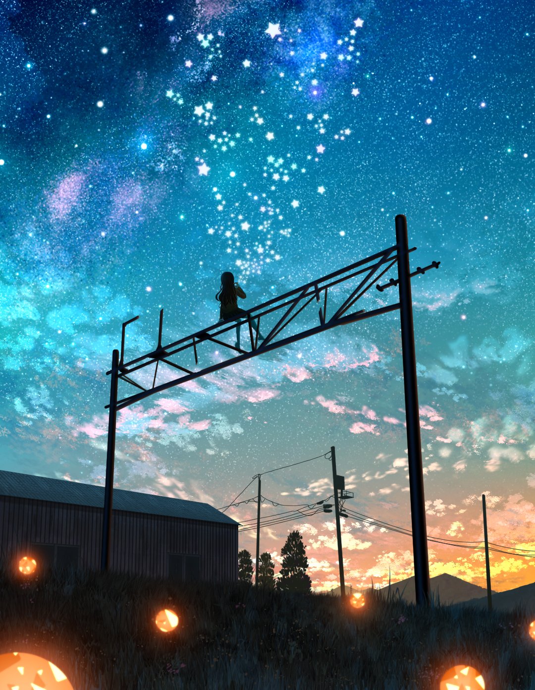 Anime 1080x1392 Shuu Illust anime girls portrait display low-angle silhouette clouds sky starry night stars sunset Milky Way space power lines wires long hair grass mountains trees women outdoors night evening galaxy sphere lights