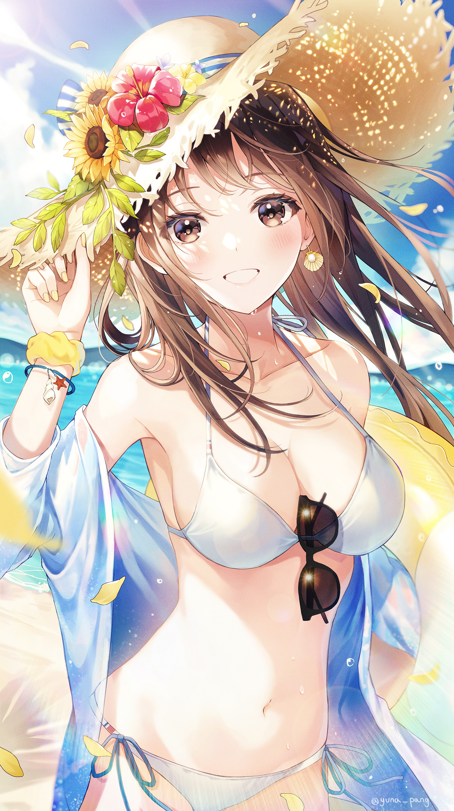 Anime 1500x2677 Yuna Pang portrait display anime girls bikini white bikini sunlight hat looking at viewer straw hat sun hats smiling big boobs item between boobs sky frontal view belly button belly cleavage glasses sunglasses wet dappled sunlight water drops petals flowers water hibiscus sunflowers long hair earring bare shoulders leaves string bikini swimwear waves floater windy Pixiv beach