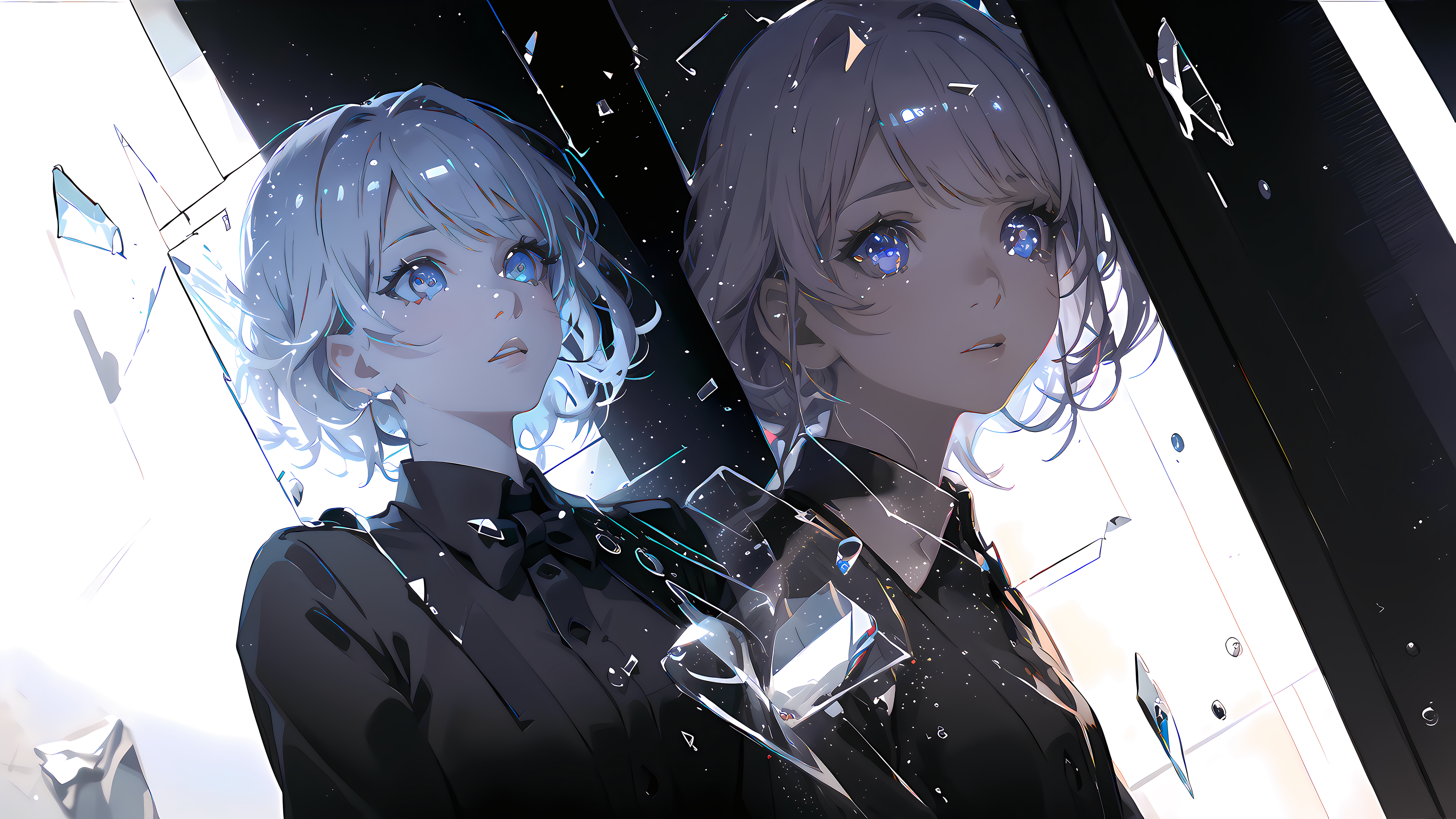 Anime 4093x2302 AI art anime girls white hair prism looking at viewer black mirror broken glass short hair bow tie