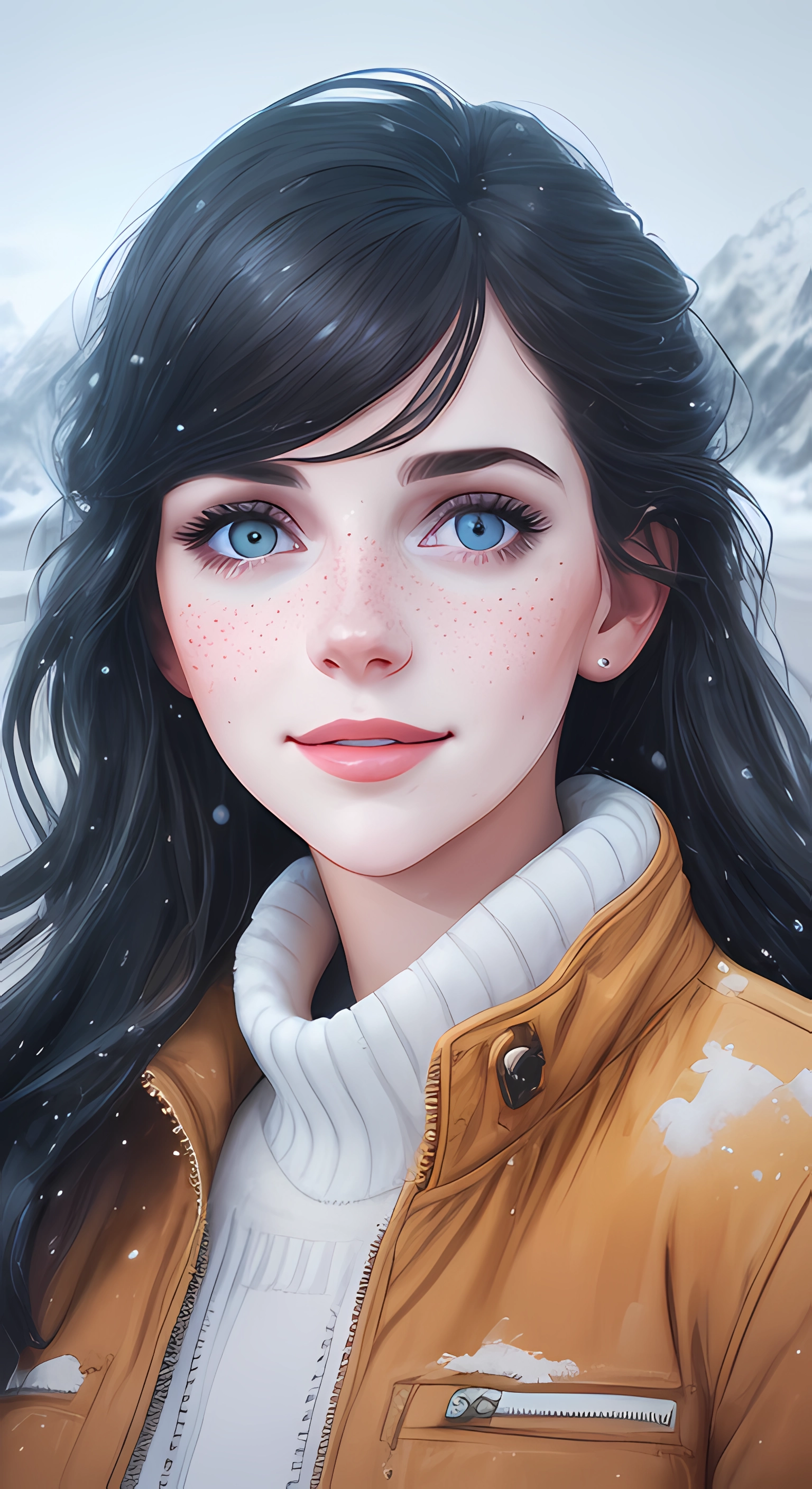 General 1536x2816 AI art freckles jacket sweater long hair black hair fantasy girl blue eyes smiling digital art artwork snowing mountains snow portrait display