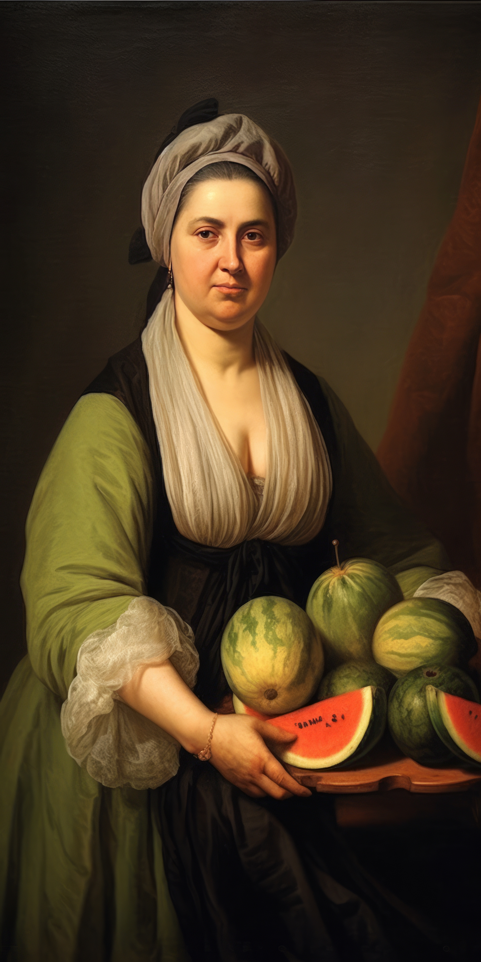 General 1536x3072 AI art melons painting women portrait display fruit looking at viewer classic art