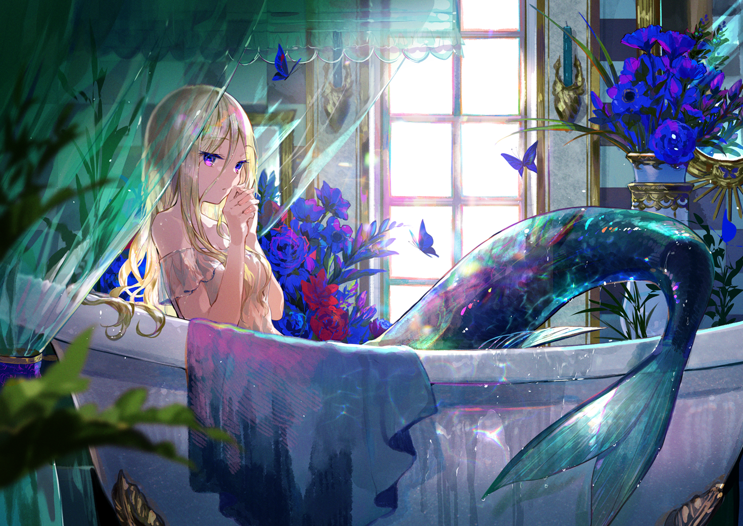 Anime 1500x1062 anime anime girls mermaids bathtub butterfly flowers looking at viewer window curtains tail long hair
