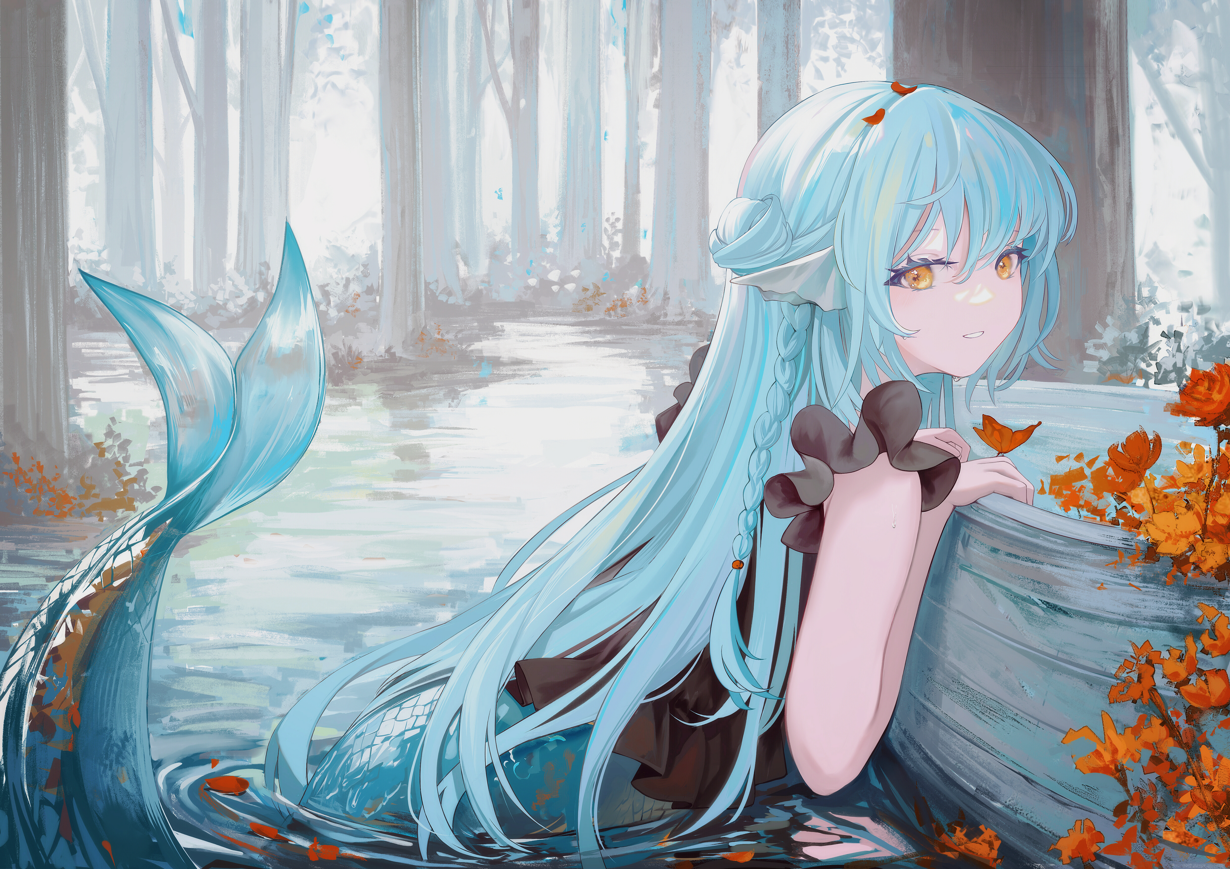 Anime 4160x2941 anime anime girls water in water looking at viewer trees butterfly long hair blue hair yellow eyes braids mermaids