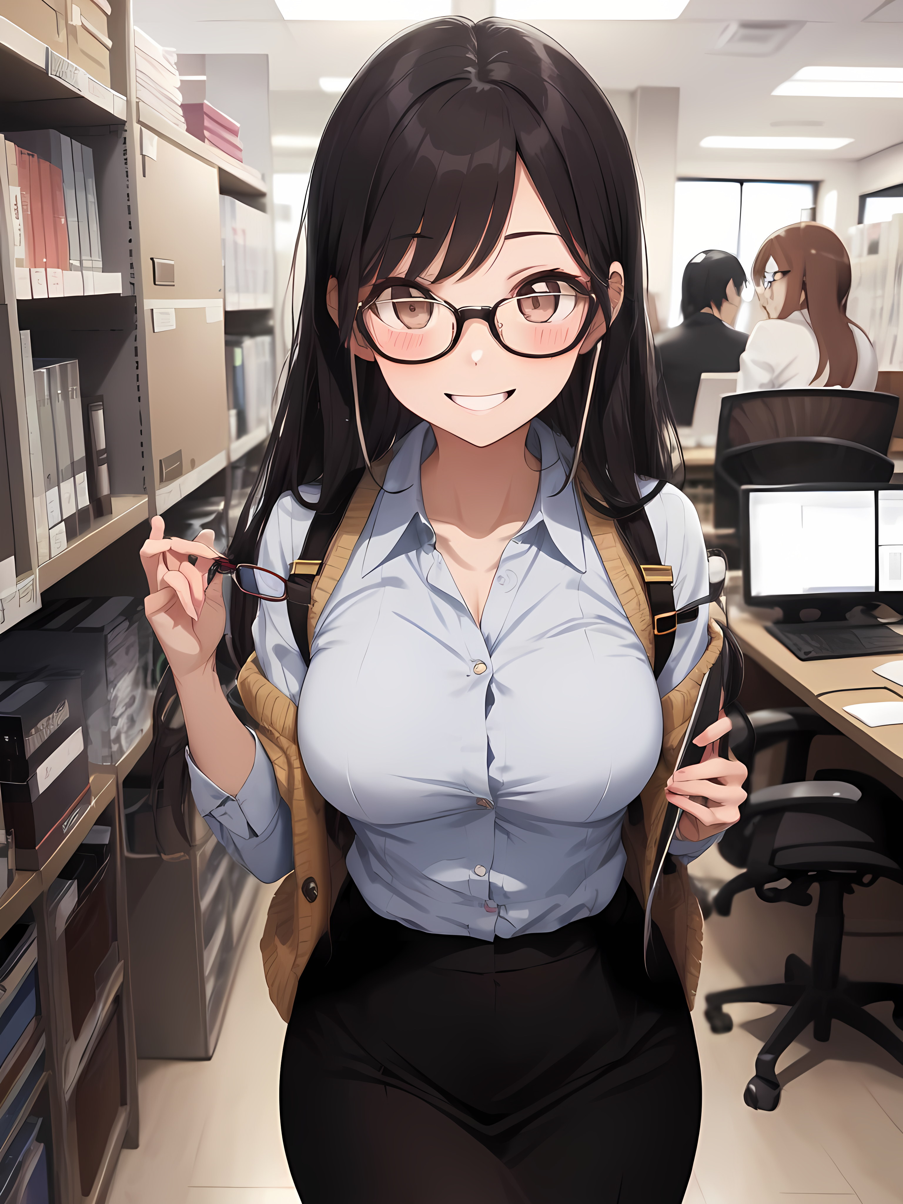 Anime 3072x4096 AI art anime girls office girl office black hair long hair looking at viewer blushing smiling brown eyes portrait display glasses chair