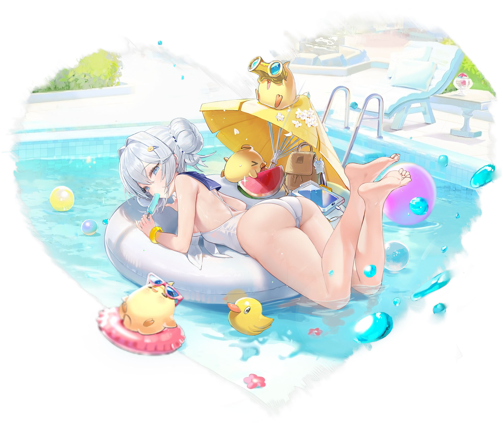 Anime 2048x1758 Azur Lane anime girls floater Jade (Azur Lane) Freng swimming pool one-piece swimsuit white swimsuit water lying on front popsicle ass swimwear rubber ducks heart (design) hairbun looking at viewer feet foot sole umbrella phone bright