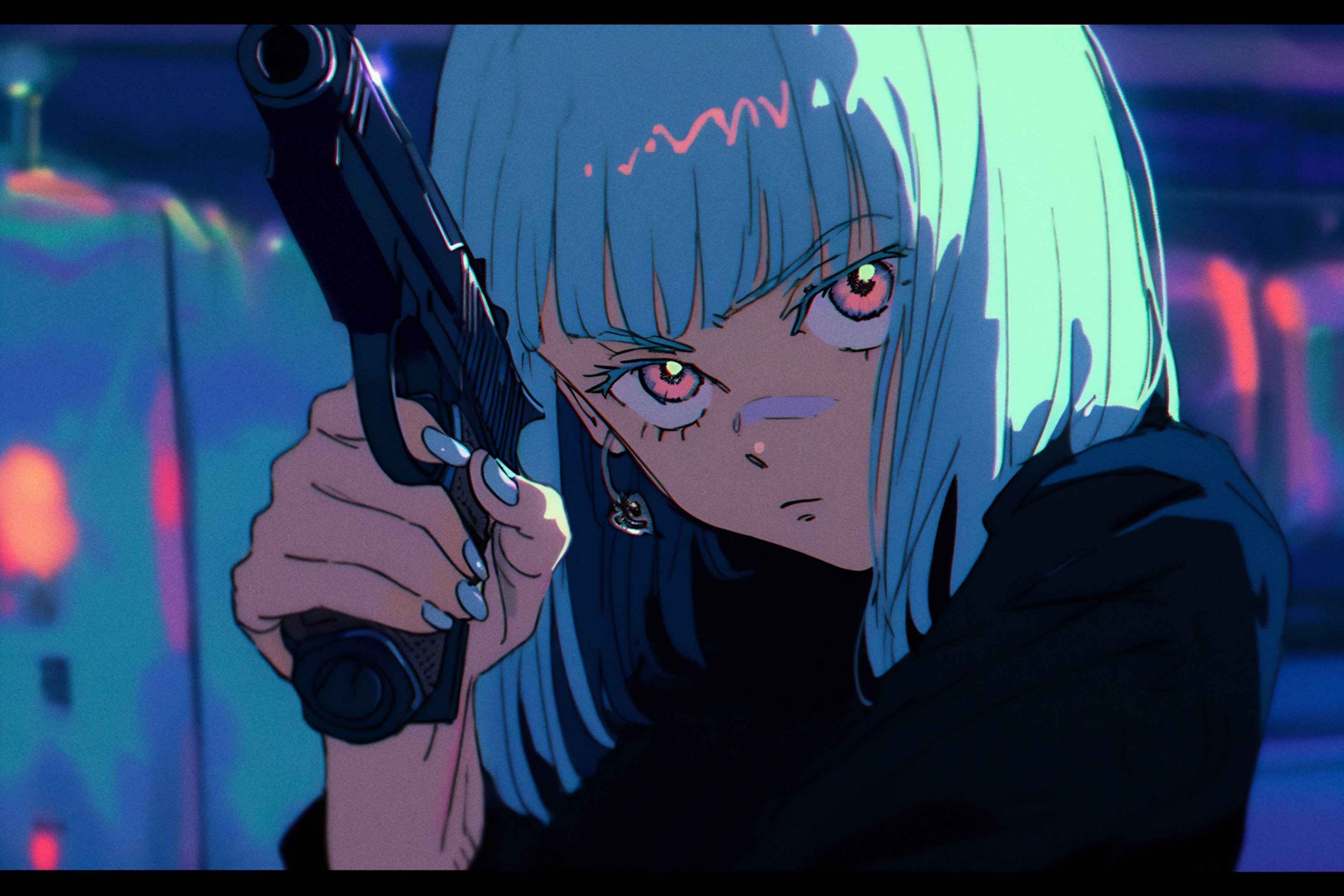 Anime 3240x2160 AI art retro style anime girls gun girls with guns earring blue hair blurred blurry background looking at viewer pistol axynchro