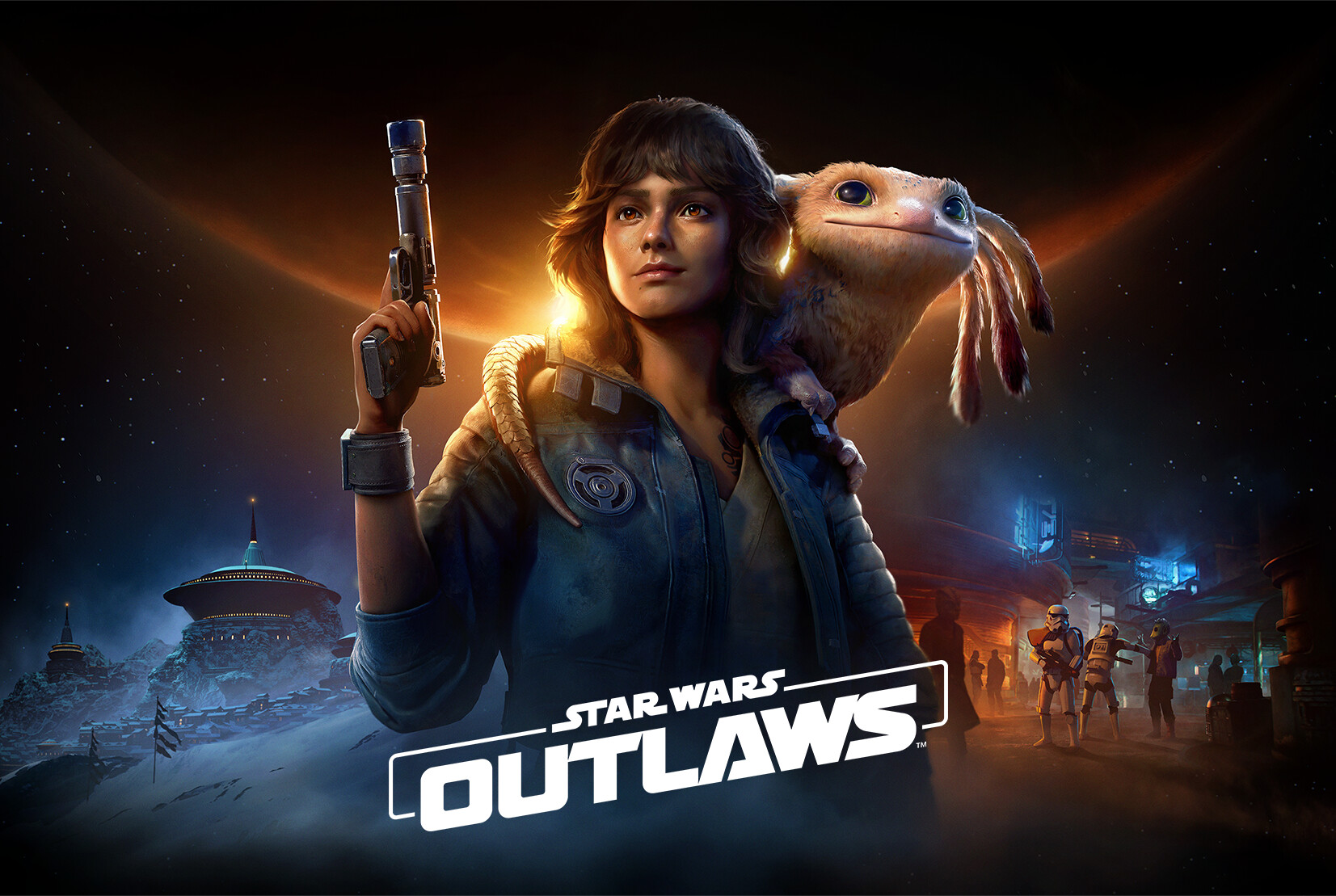 General 1653x1109 Star Wars: Outlaws Star Wars video game animals video game characters Ubisoft blaster Imperial Stormtrooper Kay Vess LucasFilm gun smiling looking away stars