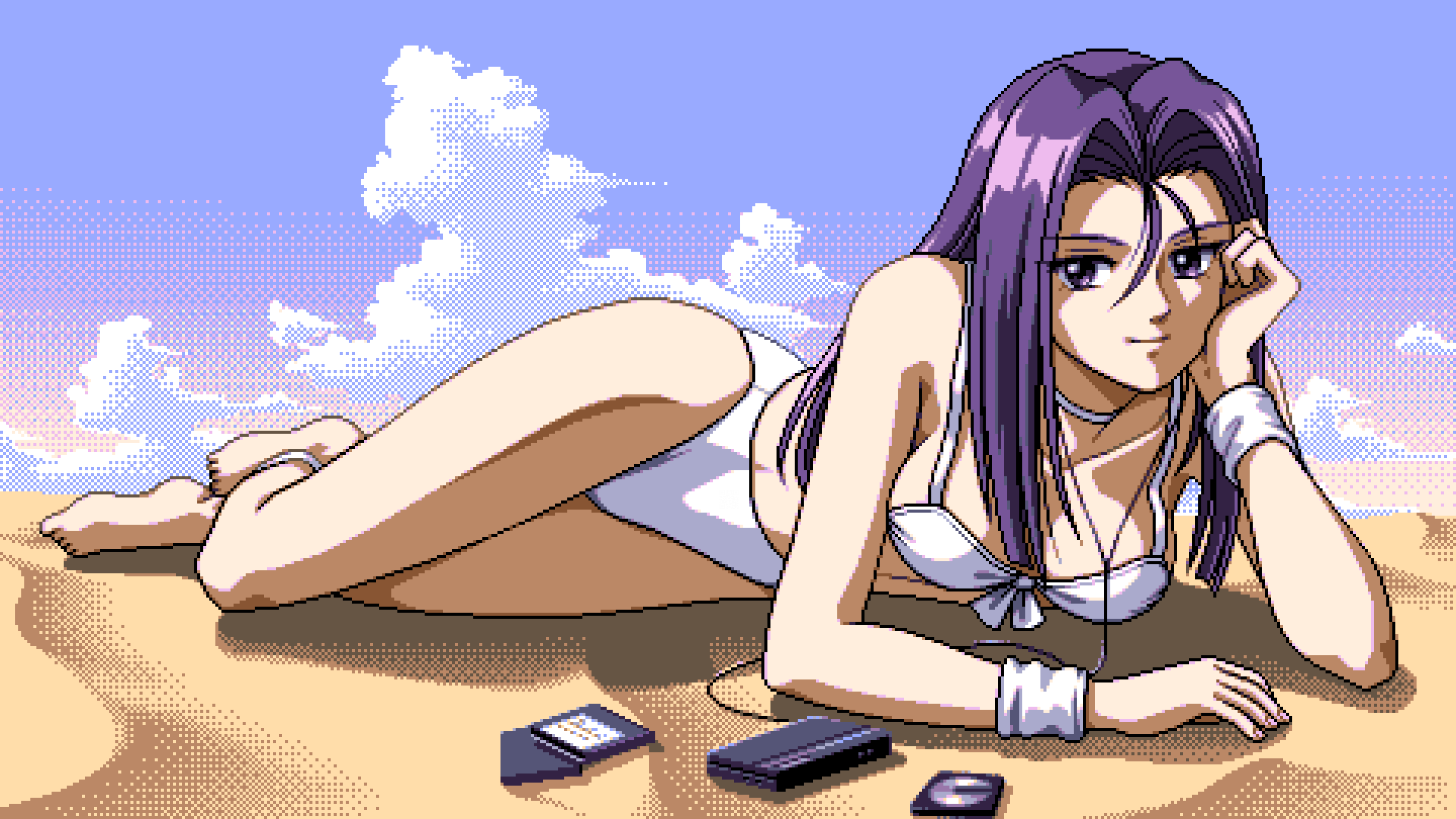 Anime 1920x1080 PC-98 pixel art Game CG anime girls lying on front bikini swimwear sky clouds smiling sand digital art looking at viewer