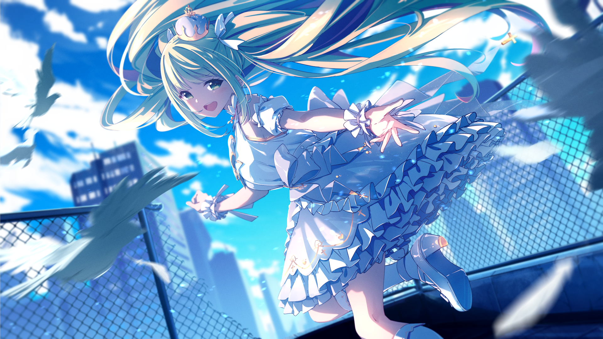 Anime 1920x1080 anime anime girls dress birds fence feathers arms reaching looking at viewer long hair crown heels sky clouds building