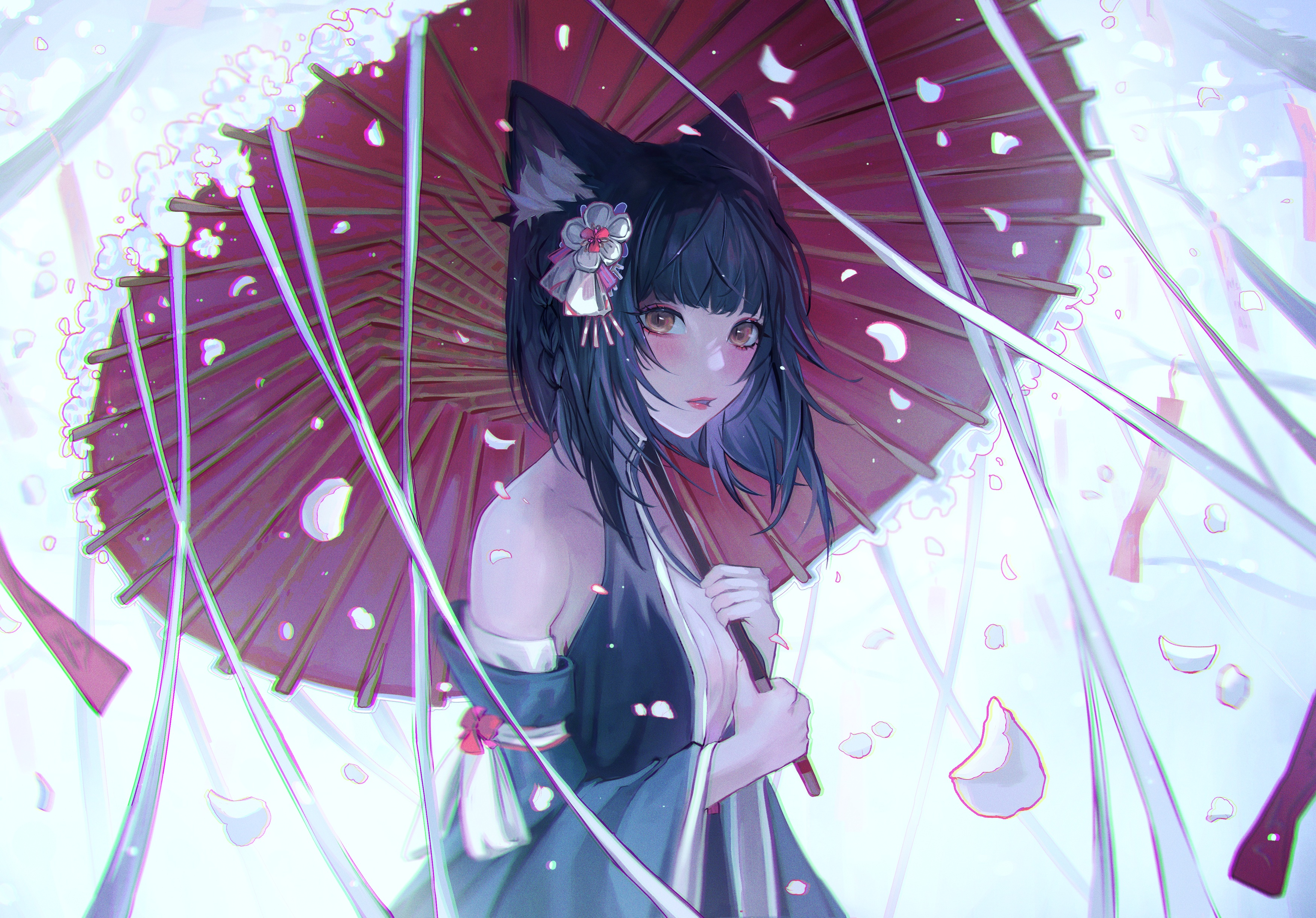 Anime 3500x2440 gweni original characters cat girl anime girls cat ears umbrella petals looking at viewer blushing yellow eyes bare shoulders snow