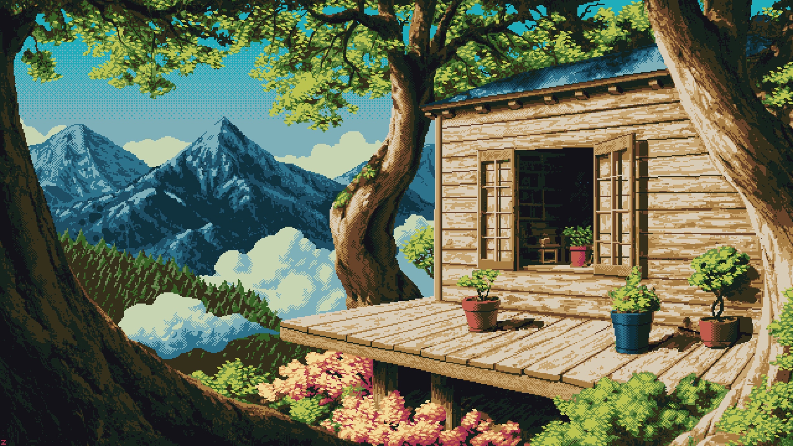 General 2560x1440 pixel art digital art mountains window plants sky clouds nature trees wood house