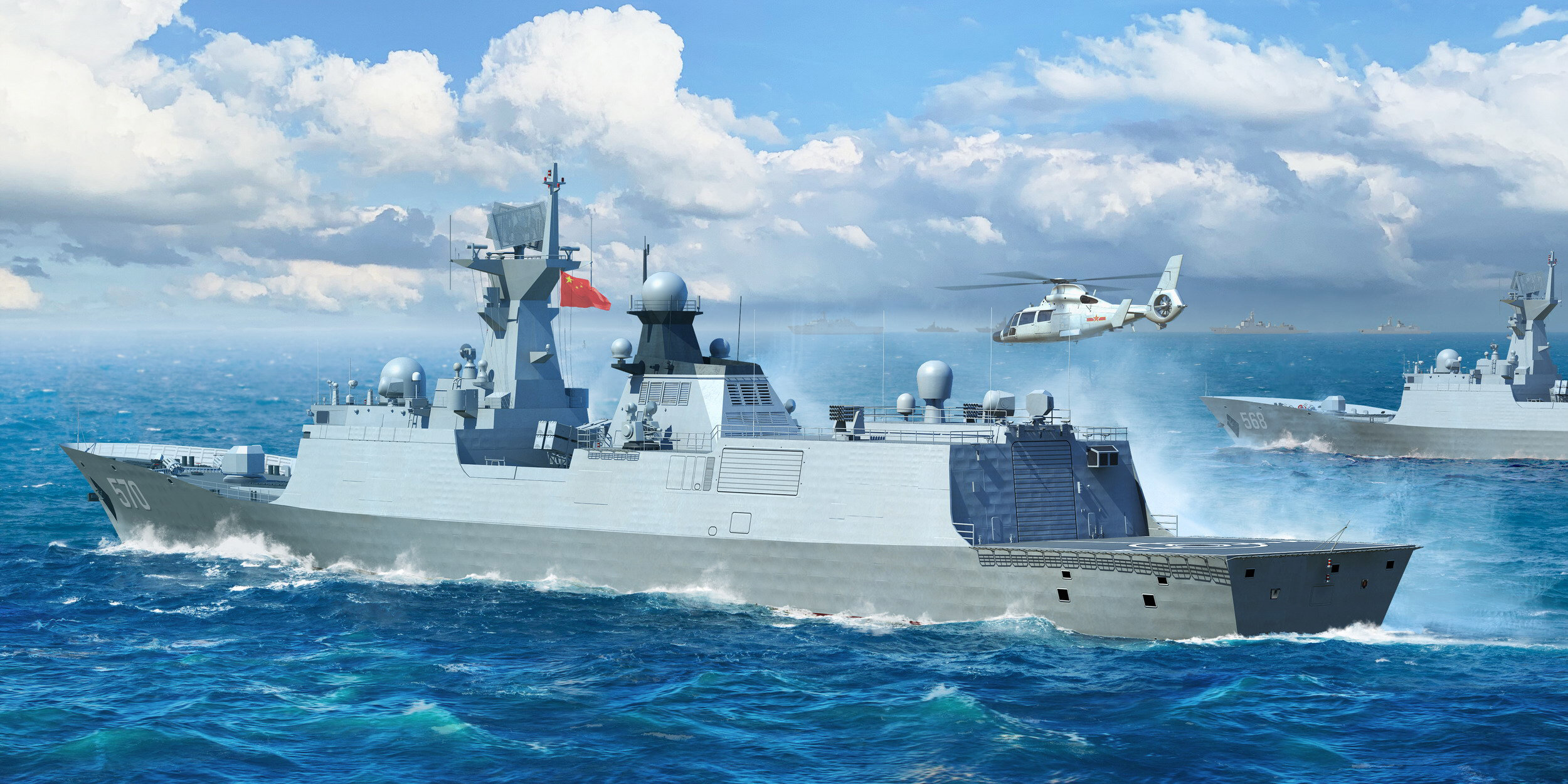 General 2500x1250 water clouds sky aircraft military vehicle waves sea warship Type 054A People's Liberation Army Navy