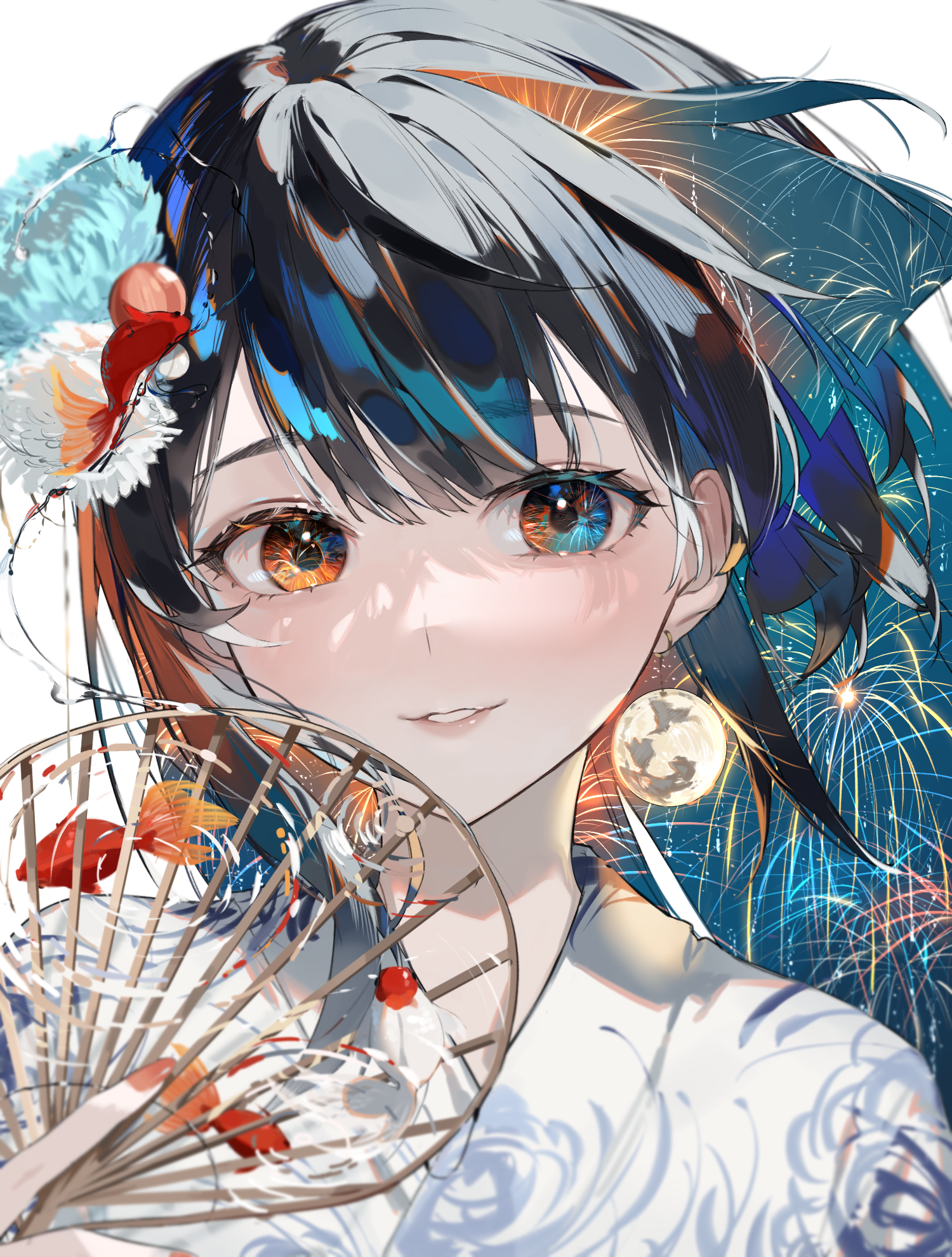 Anime 1500x1980 anime anime girls multi-colored hair fans multi-colored eyes fireworks smiling looking at viewer fish portrait display kimono animals earring