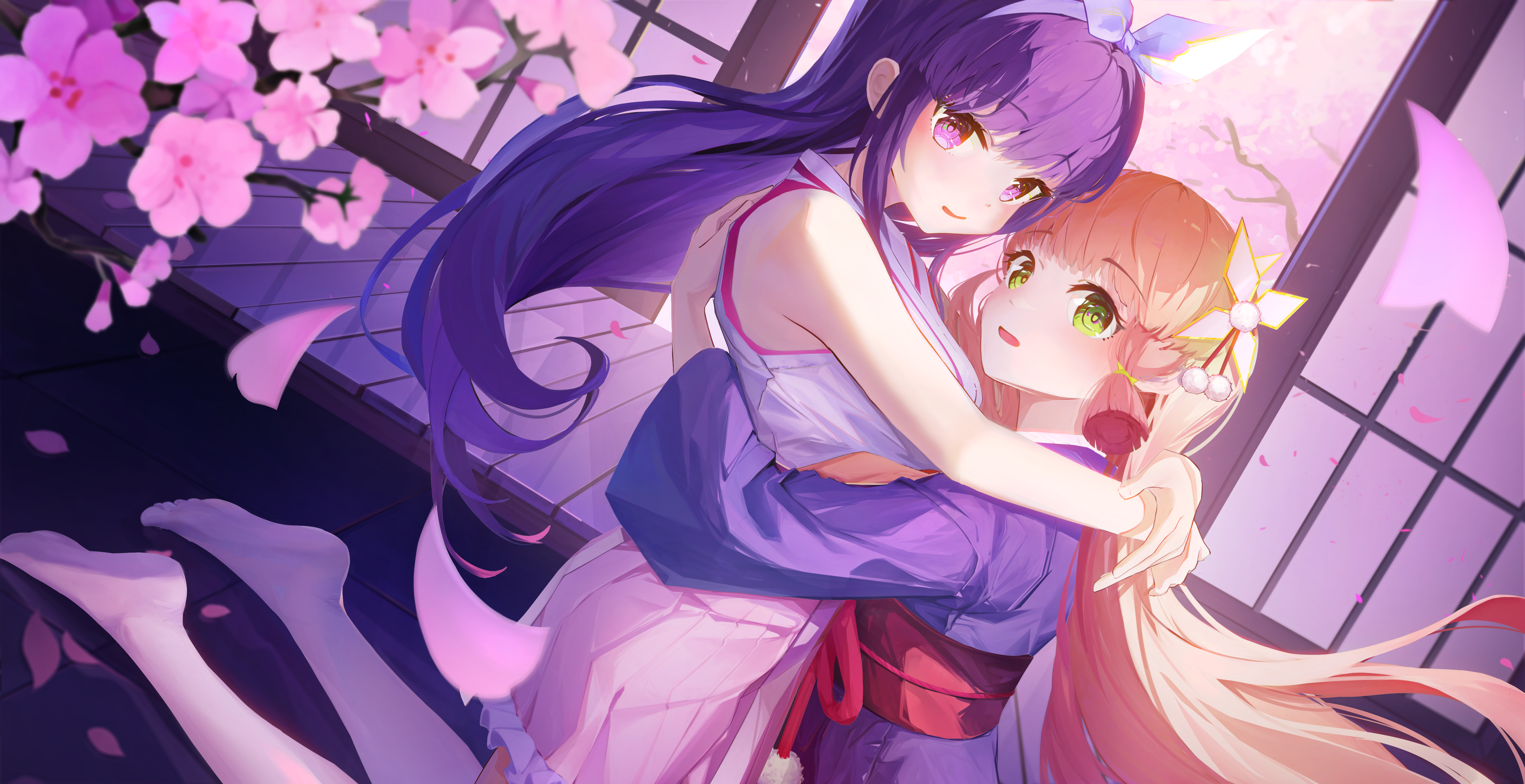 Anime 5627x2894 anime anime girls hugging long hair flowers petals looking at viewer blonde green eyes kimono purple hair purple eyes blushing feet