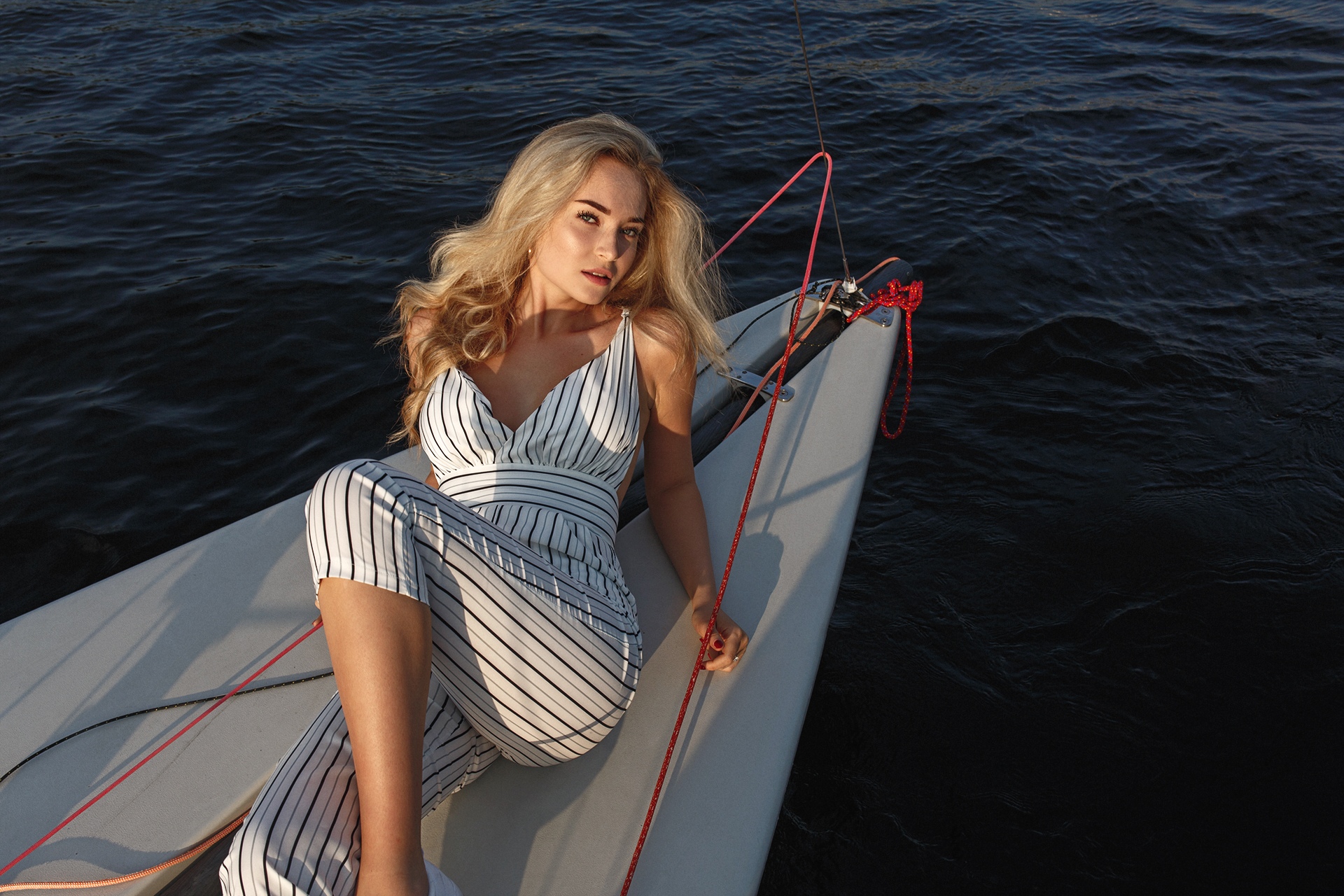 People 1920x1280 jumpsuit women outdoors sea blonde women model boat hips water