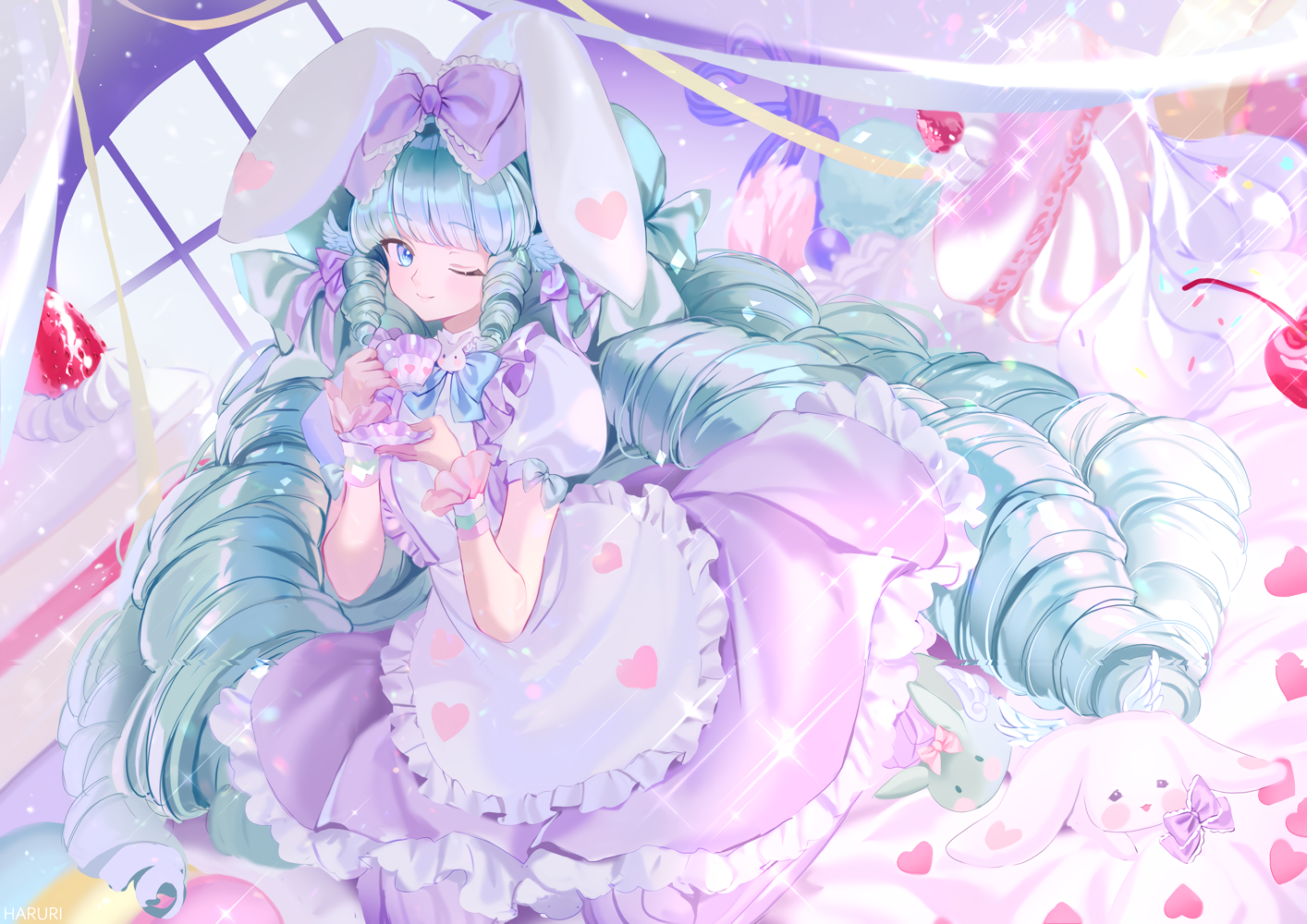Anime 1414x1000 anime anime girls one eye closed long hair cup bow tie dress cake strawberries looking at viewer bunny ears smiling blue hair blue eyes sweets stars